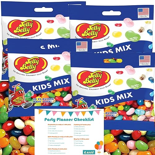 Kids Mix Gourmet Jelly Belly Beans - Paquete de 4 bolsas individuales y lista de verificación de planificación de fiestas, divertidos juegos de