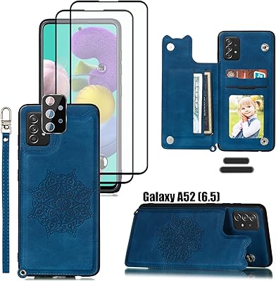 LMDAMZ for Galaxy A52(5G) 6.5 Inch Wallet Case with Card Holder, Mandala Embossed Faux PU Leather with Wrist Strap Double Magnetic Clasp Case Flip Back Wallet Case with Stand Function (Blue)