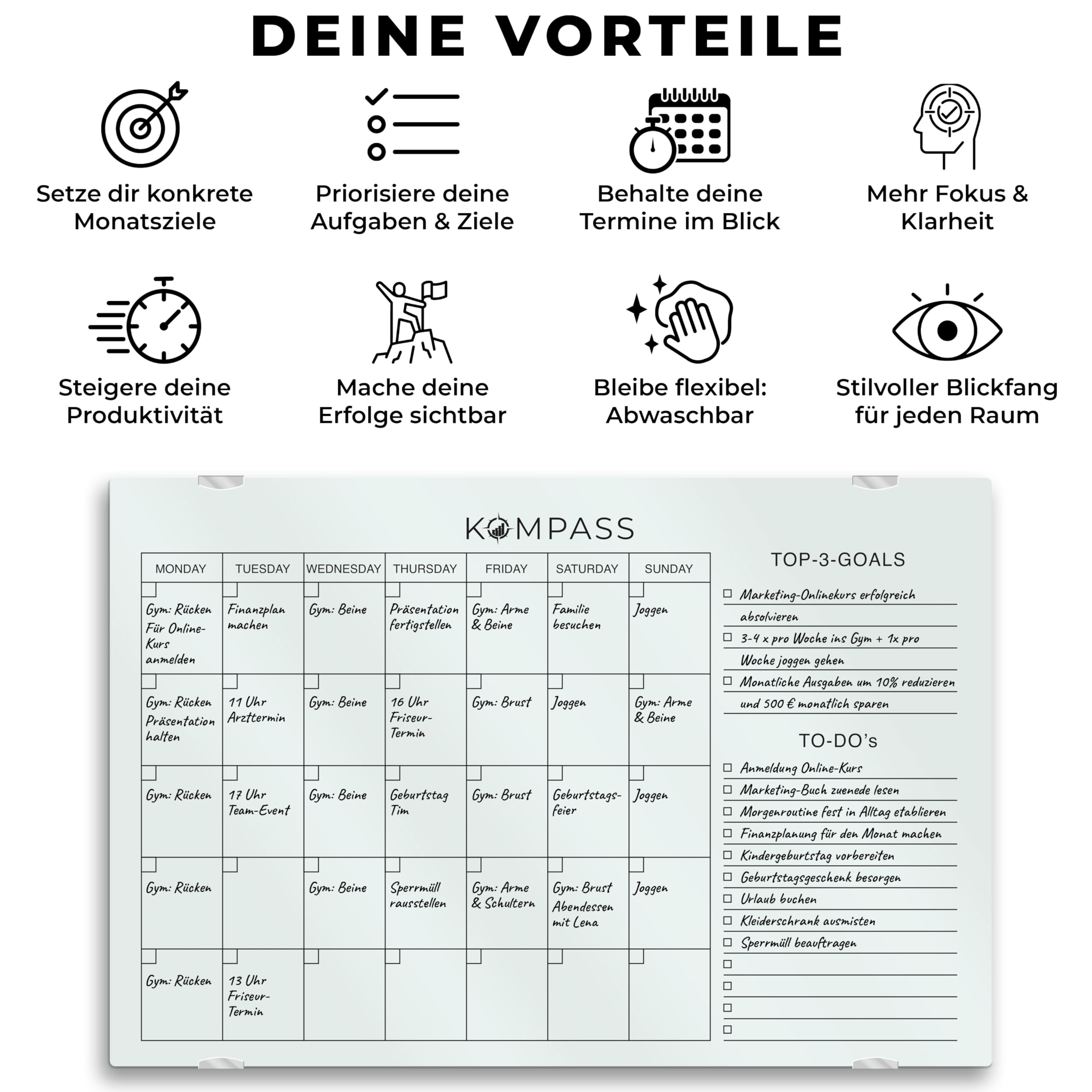 Kompass Monatsplaner | Vision Board | Magnettafel– Abwischbarer Wandplaner für Gewohnheiten, Ziele & Tägliche To Do Planung – Undatiert, Wiederverwendbar-Edles Acryl-Glas Whiteboard, 60 * 40 cm, weiß