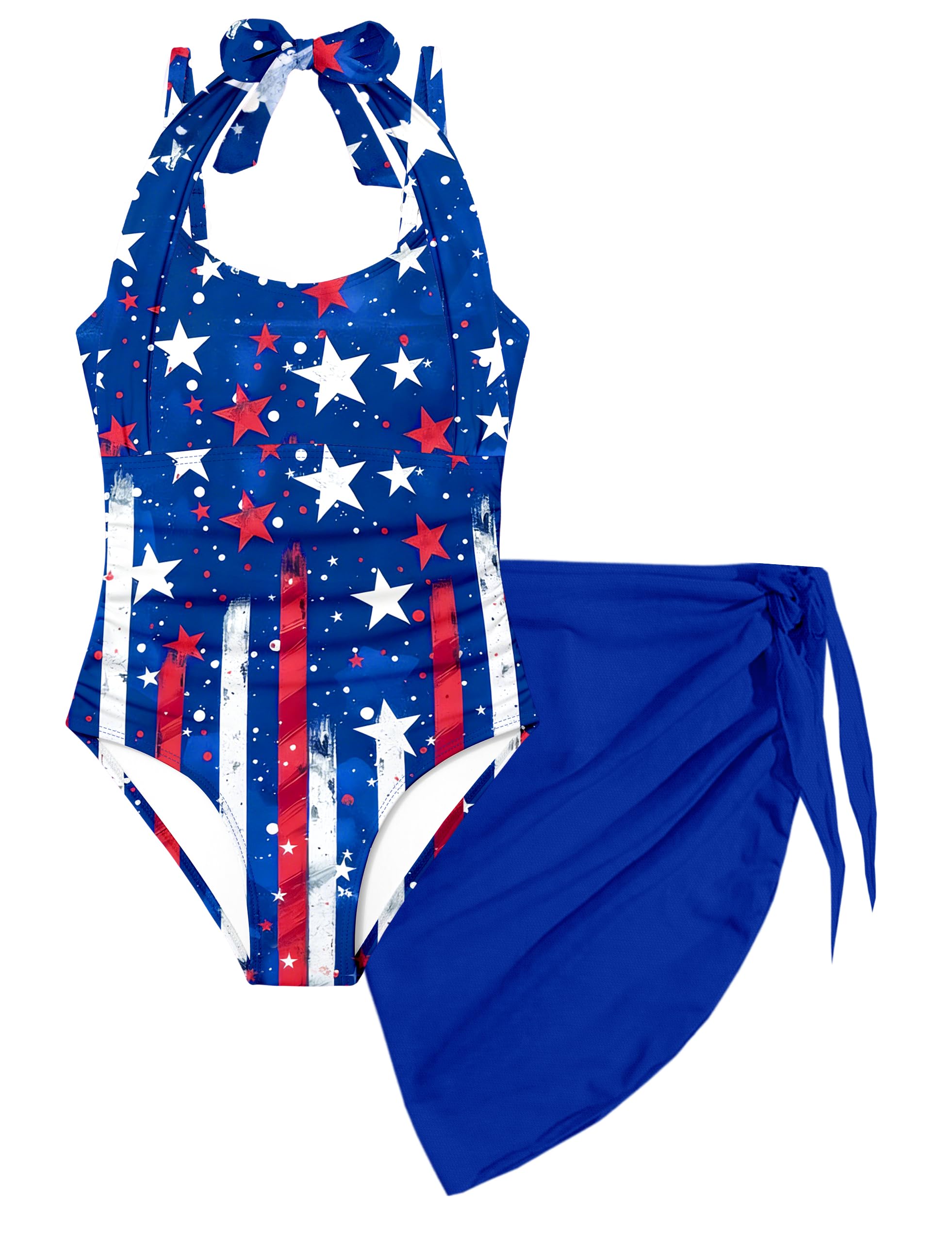 Girls Swimsuit Set - Halter Neck One Piece Bathing Suit with Tropical Cover Up Skirt Swimwear for Kids 7-18Y