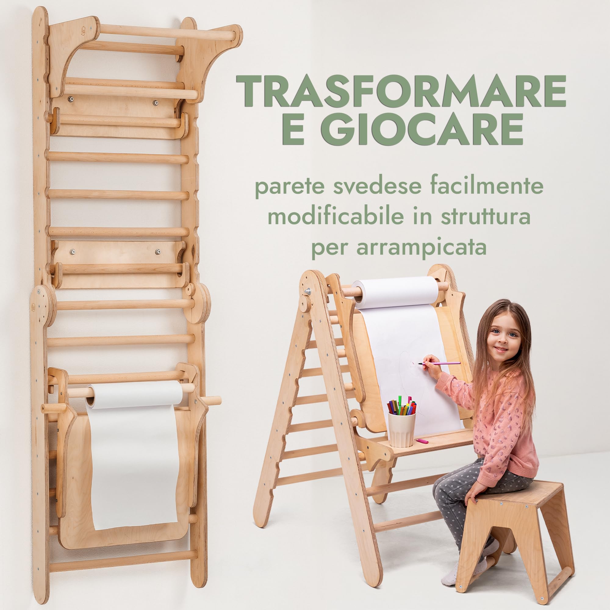 Goodevas Set da Parete Svedese 6 in 1 e Scivolo per Bambini, Versatile, Scala da Arrampicata, Altalena e tavola Scorrevole, Attrezzatura da Gioco Ideale per Interni, per Bambini da 2 a 12 Anni
