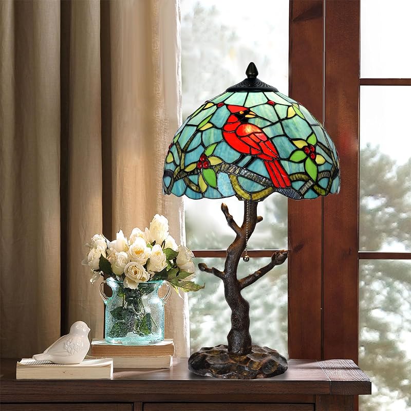 TL0035 Tiffany Style Stained Glass Table Lamp, Cardinal Bird Desk Lamp with Branch Base, W 12" x OH 21", Great for Home Decor & Night Lighting, LED Bulb Included (Red Cardinal)