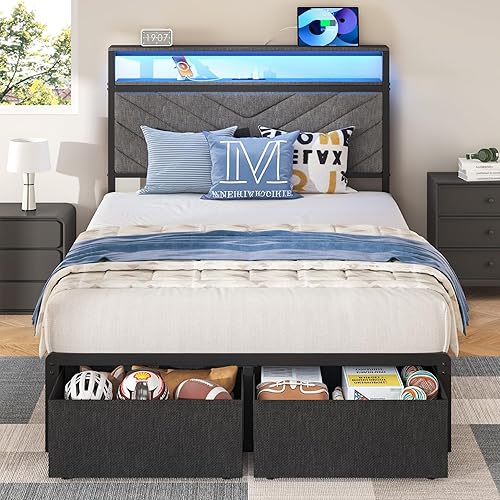 HISOFT Twin Bed Frame with Charging Station, LED Lights & 2 Storage Drawers, Grey Platform Bed with Upholstered Headboard, Under-Bed Storage, No Box Spring Needed, Easy Assembly, Strong Metal Support