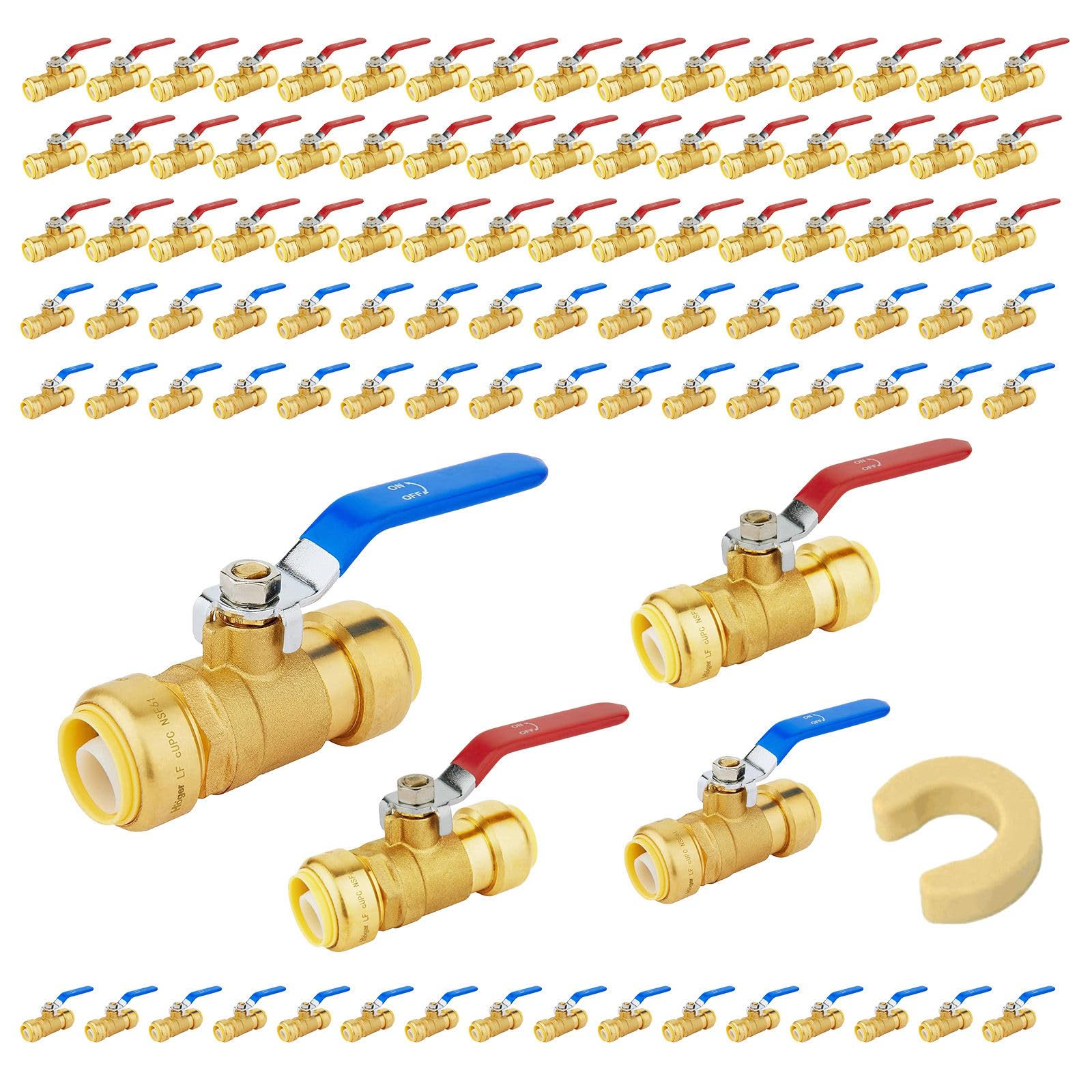 Confezione da 100 valvole a sfera a pressione da 1,3 cm con clip di scollegamento, valvola di intercettazione push-to-connect in ottone per applicazioni di acqua calda e fredda (blu e rosso)
