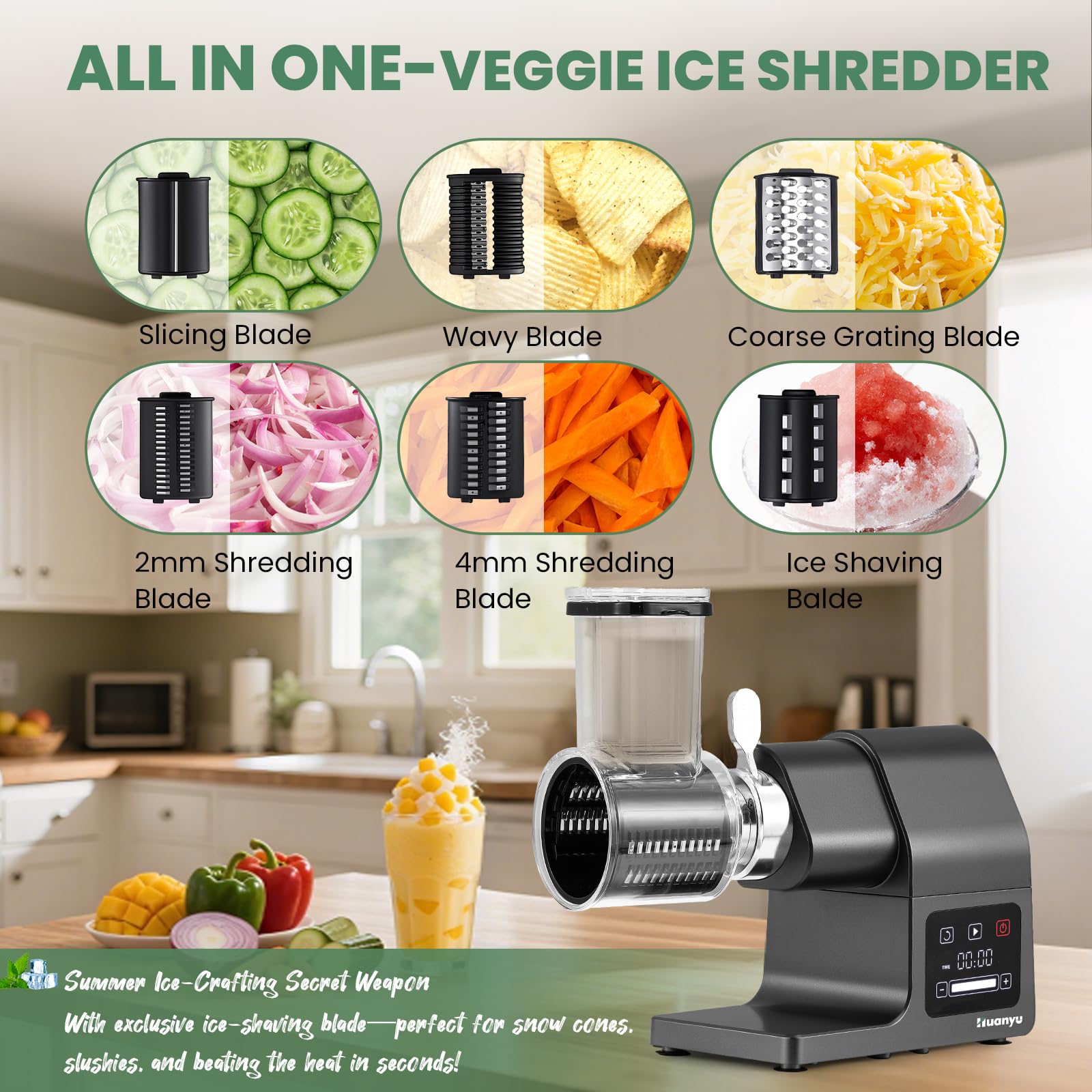 Huanyu 2000W Max Power Heavy Duty Electric Meat Grinder Veggie Shredder and Ice Shaver with Touchscreen, 2 Blades, 3 Plates, Sausage Tubes and Kubbe Kit #10 Outlet for Home Use