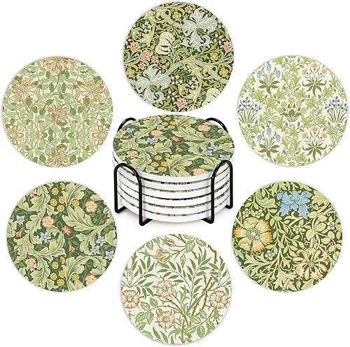 AnyDesign - 6 posavasos florales de William Morris con soporte, diseño vintage de hojas de flores, posavasos de cerámica retro vegetación en caja