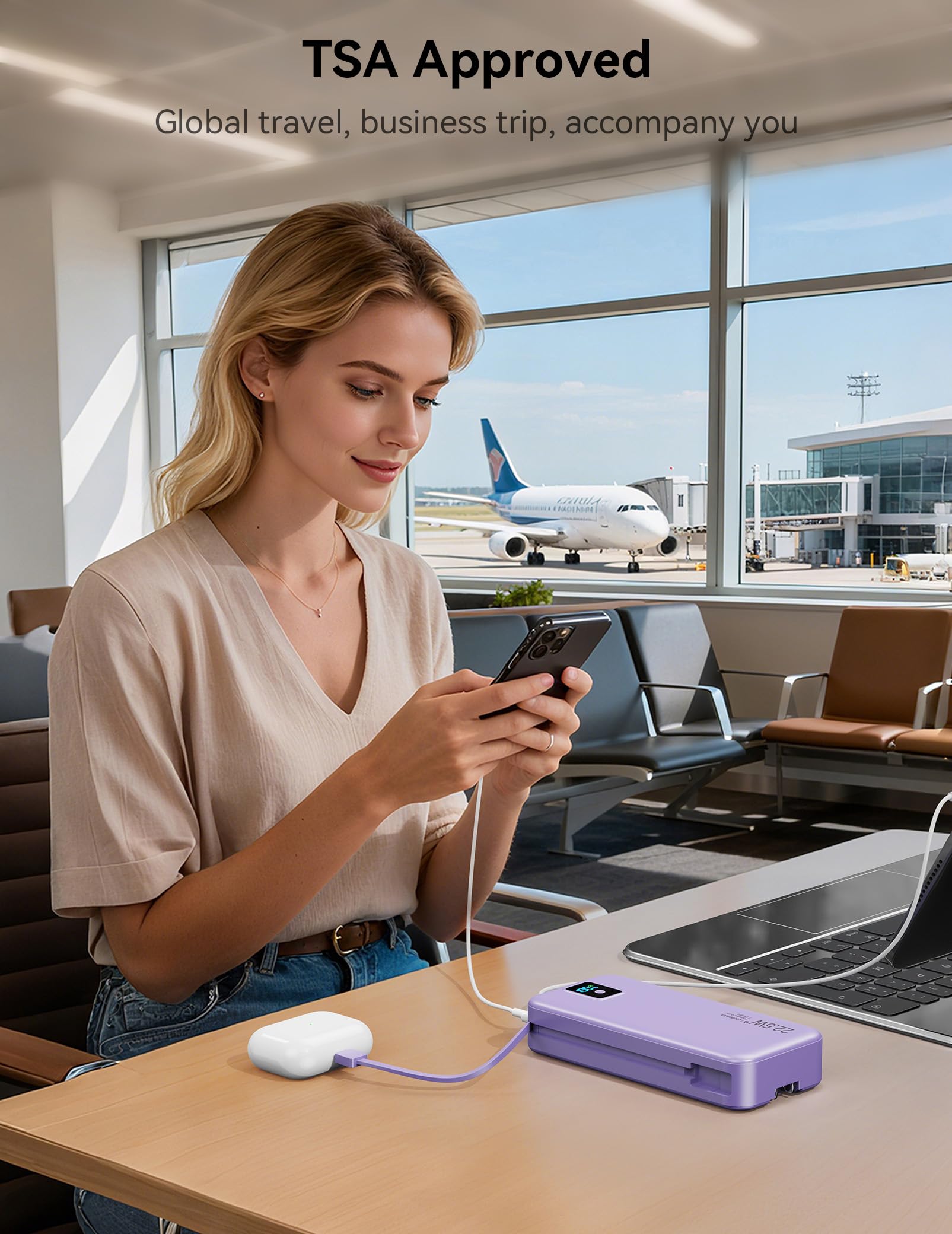 Cargador portátil, 20000 mAh, 22,5 W, batería externa de carga rápida con cables integrados y enchufe de pared, batería esencial de viaje con pantalla LED, cargador de teléfono USB C para iPhone, iPad