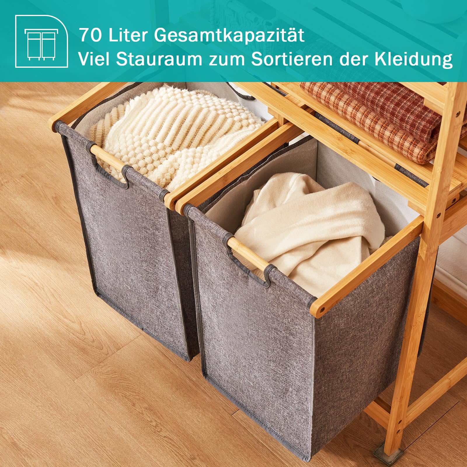 YOUDENOVA Cesto portabiancheria in bambù con 2 ripiani con 2 sacchetti di lavanderia estensibili per camera da letto, bagno o lavanderia, 93 x 64 x 33 cm, grigio