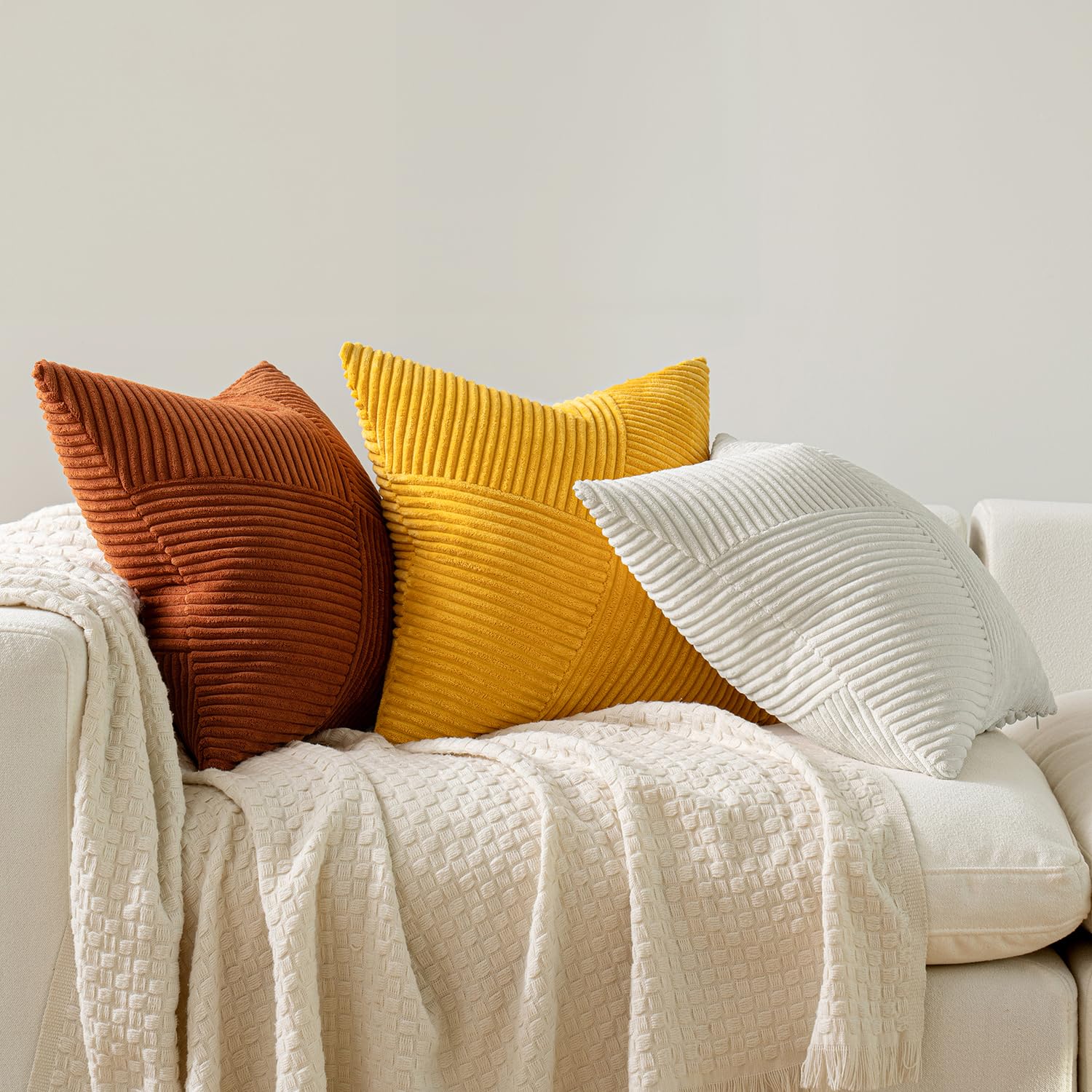 MIULEE Decorative Cushion Covers 45 x 45 cm Cream White Corduroy Patchwork Design Striped Boho Pillow Cases Square Pillowcases Throw Pillow Covers for Sofa Living Room Bedroom Set of 2 - Image 2