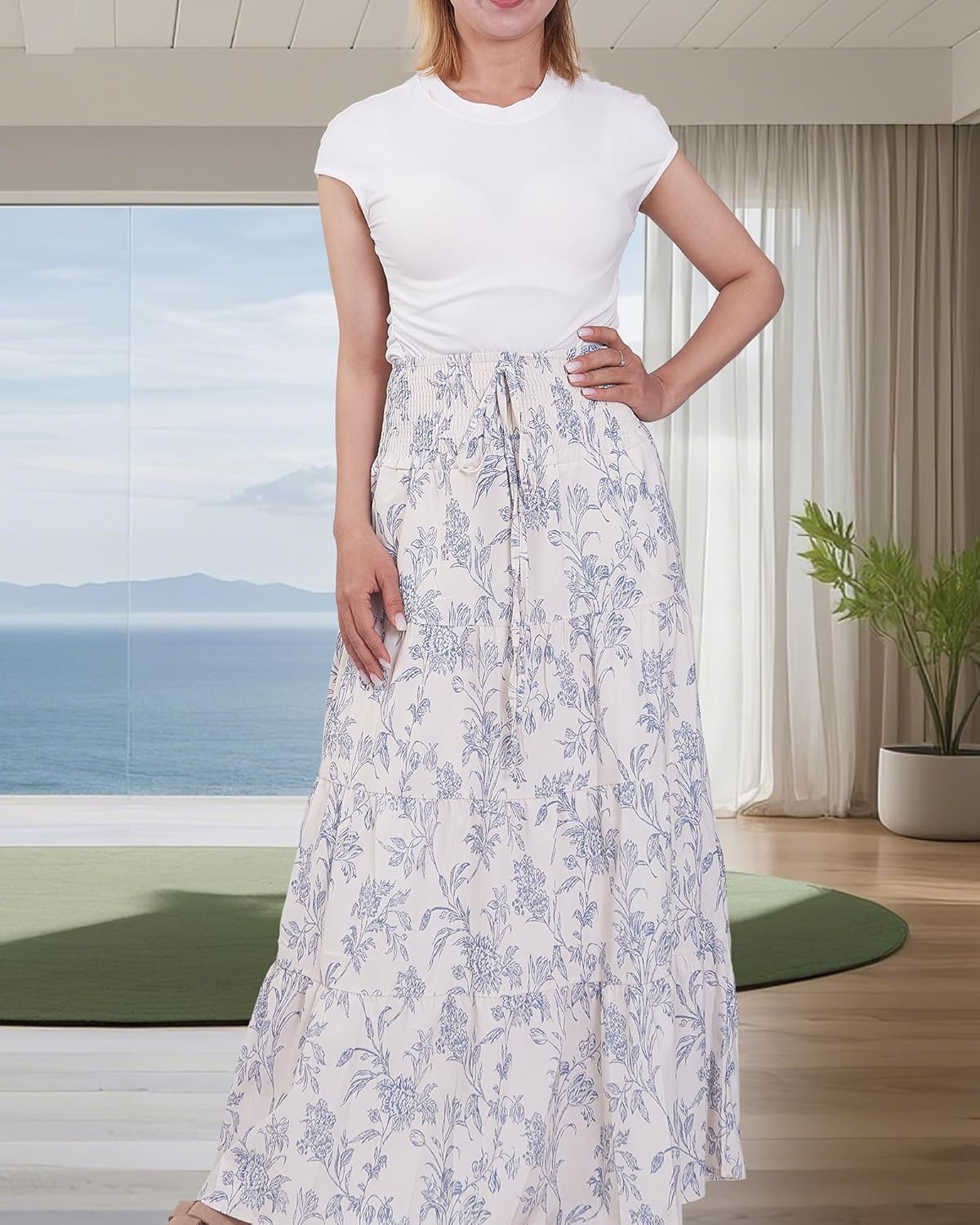 Women's Summer Flowy Boho Maxi Skirt 2025 A-Line Flowy Ruffle Tiered Drawstring Elastic High Waist Beach Long Skirts - Image 2