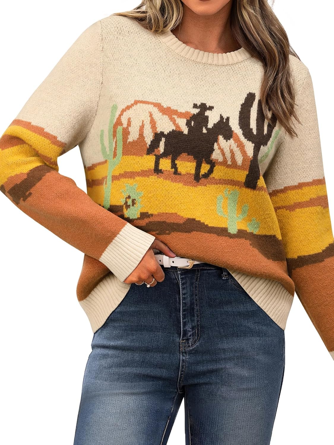 MYMORE Womens Western Cowgirl Knitted Sweater Long Sleeve Vintage Cowboy Print Color Block Crewneck Pullover Sweaters