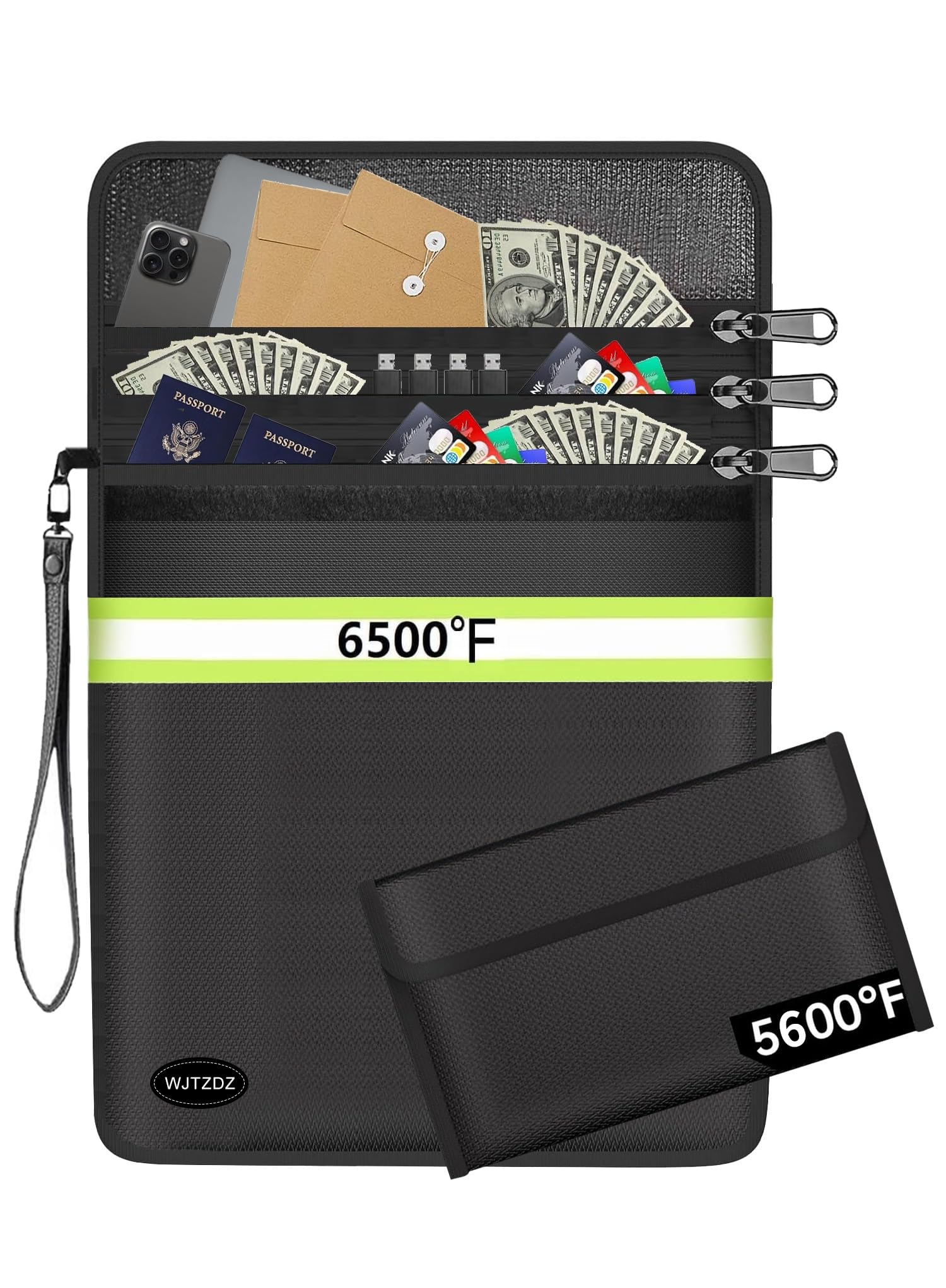 3 tasche con cerniera a prova di fuoco con sacchetto per denaro, confezione da 2 borse da 39,4 x 20,3 cm e 20,3 x 12,7 cm, borsa ignifuga con cerniera, borsa antincendio per passaporti, chiavi e
