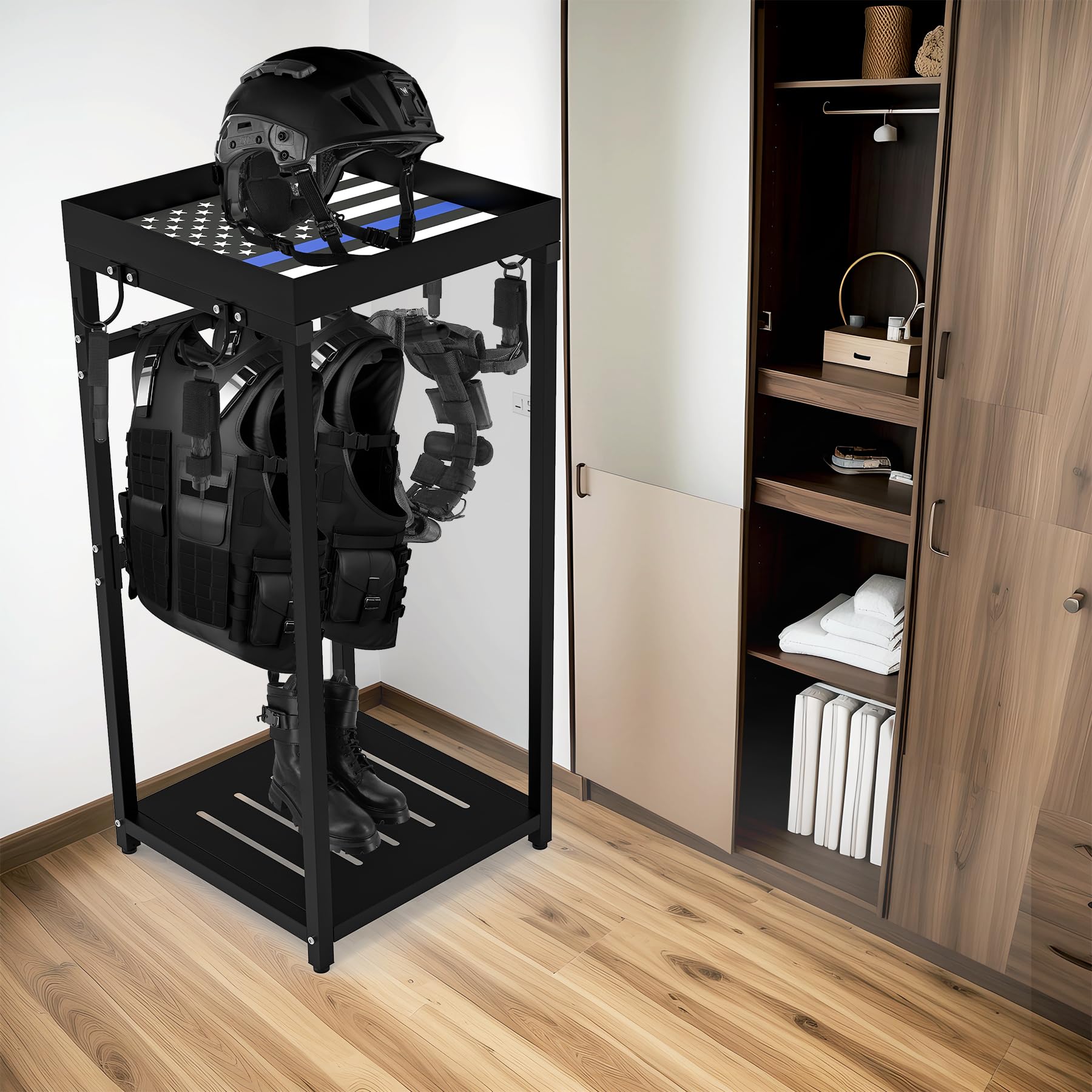 Police Gear Rack, Police Hanger with Hooks, Tactical Duty Gear Rack Decor with Thin Blue Line Flag, Black Body Armor Stand for Police Gift