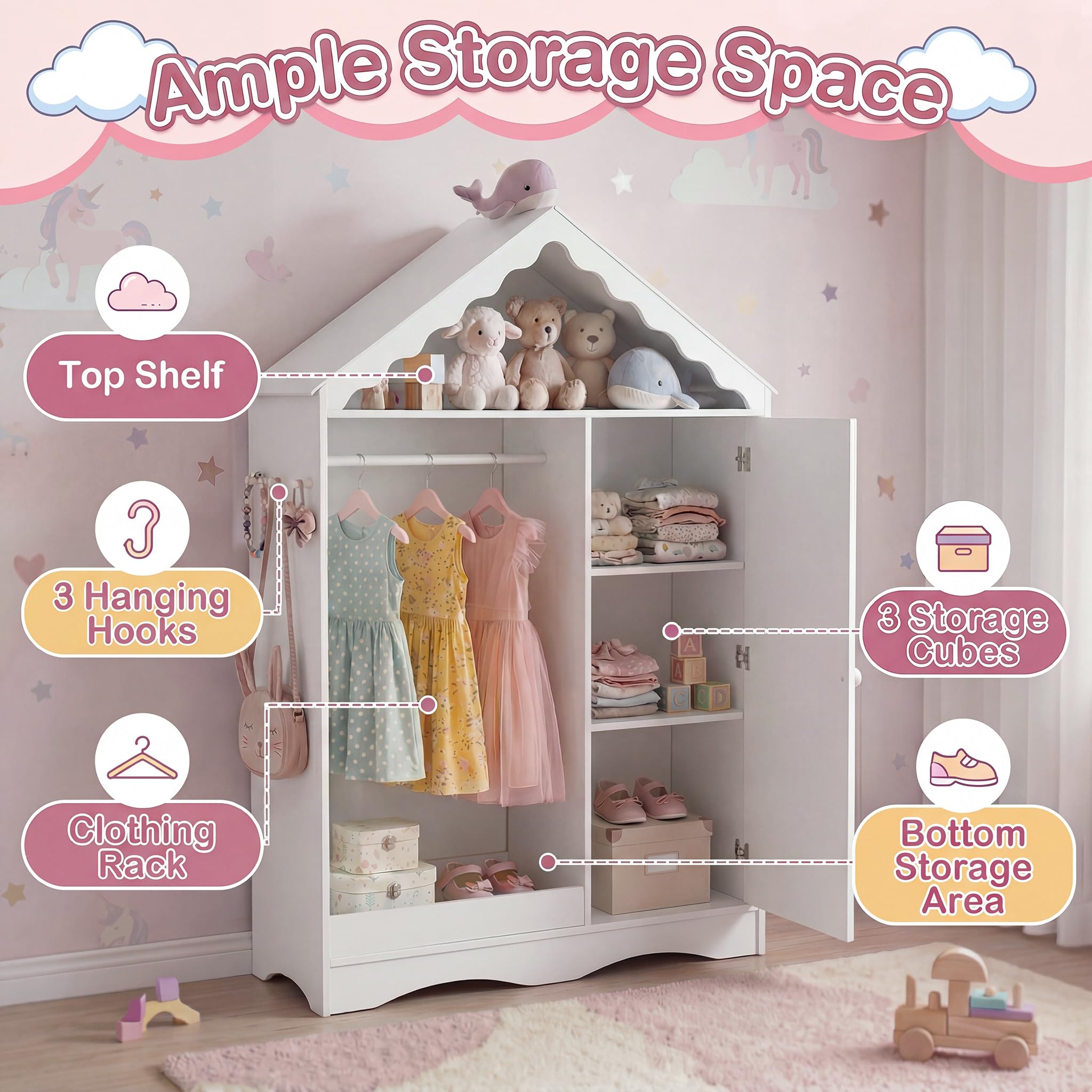 RELAX4LIFE Kinder Kleiderschrank, Kindergarderobe mit Spiegel, Kinderschrank in Hausform mit Kleiderstange, Ablagefächer & Haken, Kleiderständer für Kinderzimmer, für Mädchen ab 3 Jahren (Weiß)