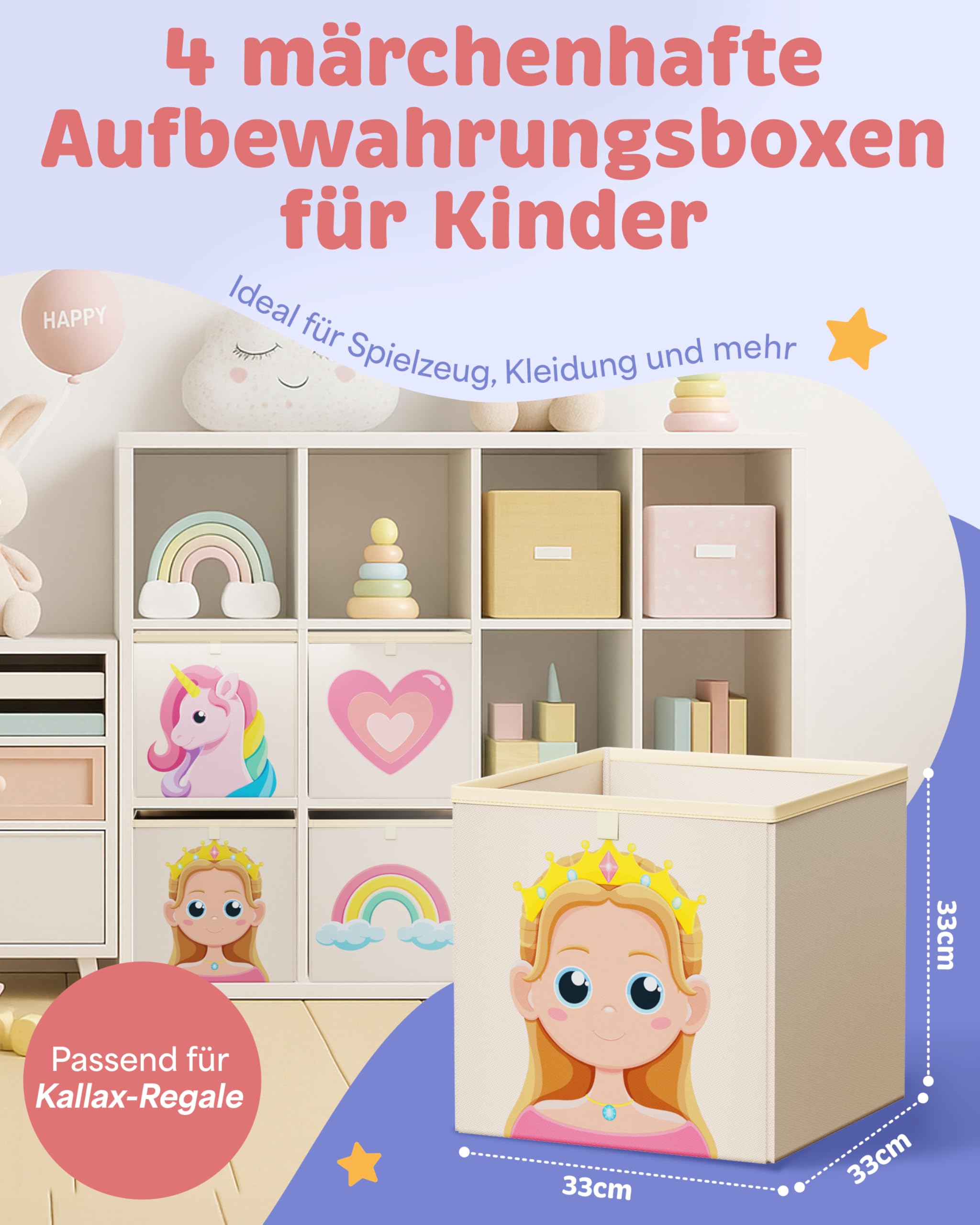 4er Set Aufbewahrungsboxen für Kinder - Passend für Kallax, Märchenmotive für Mädchen und Jungen, ideal für Spielzeug und Kinderzimmerregale
