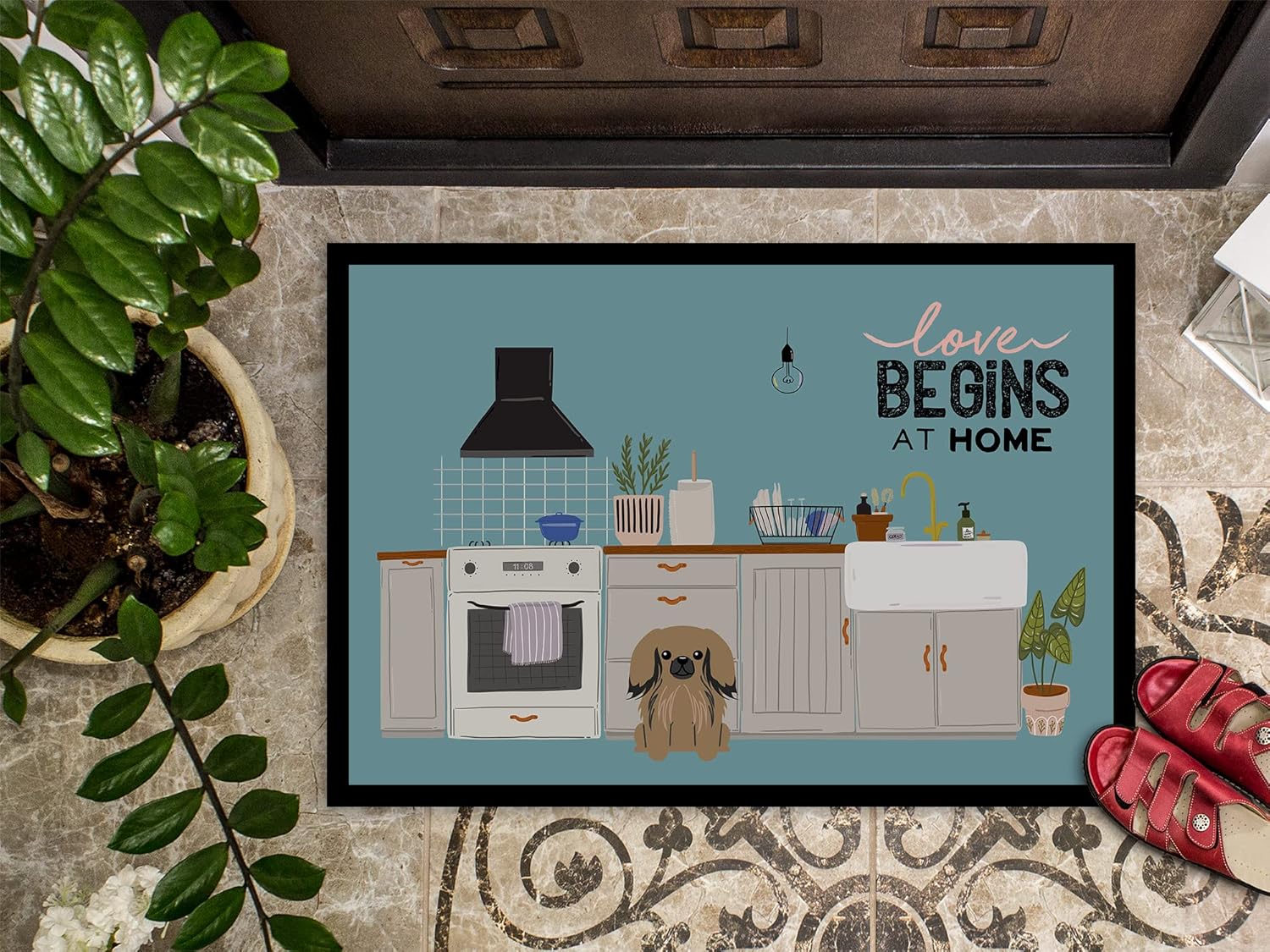 Caroline's Treasures CK7806JMAT Tan Pekingese Kitchen Scene Doormat 24x36 Front Door Mat Indoor Outdoor Rugs for Entryway, Non Slip Washable Low Pile, 24H X 36W