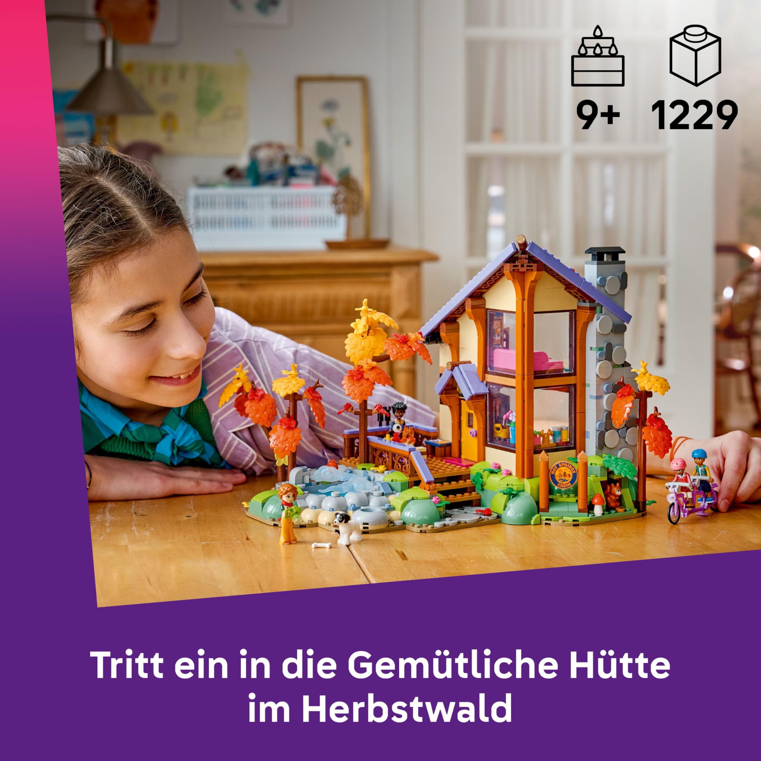 LEGO Friends Gemütliche Hütte im Herbstwald - Miniatur Spielhaus mit 4 Minifiguren, 2 Haustierfiguren & Zubehör - Kinderzimmer Deko - Geschenkidee für Mädchen ab 9 Jahren - 42705