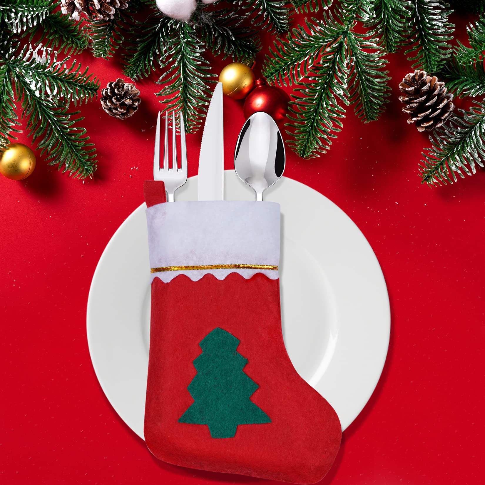 GORGECRAFT 20 Calze Di Natale Rosse In Tessuto Non Tessuto Per Posate - Mini Calzini Porta Stoviglie Con Cordoncino, 15.5x9.5 Cm, Per Caramelle E Decorazione Tavola Natalizia - 6