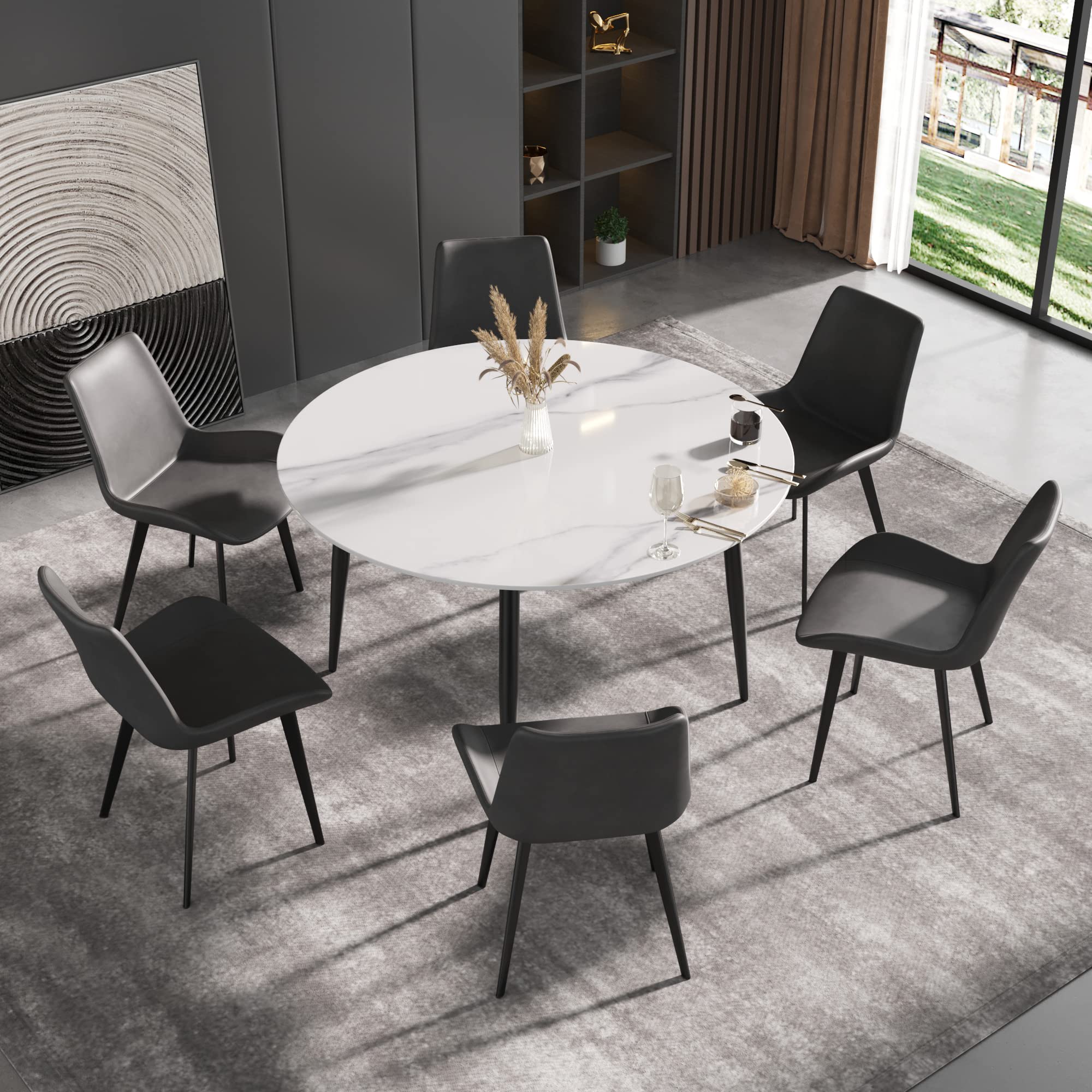 Modern 7 Pieces Round Dining Table Set, 53" Sintered Stone Tabletop with 6 Grey Upholstered Leather Chairs, Circular Dining Table for Dining Room