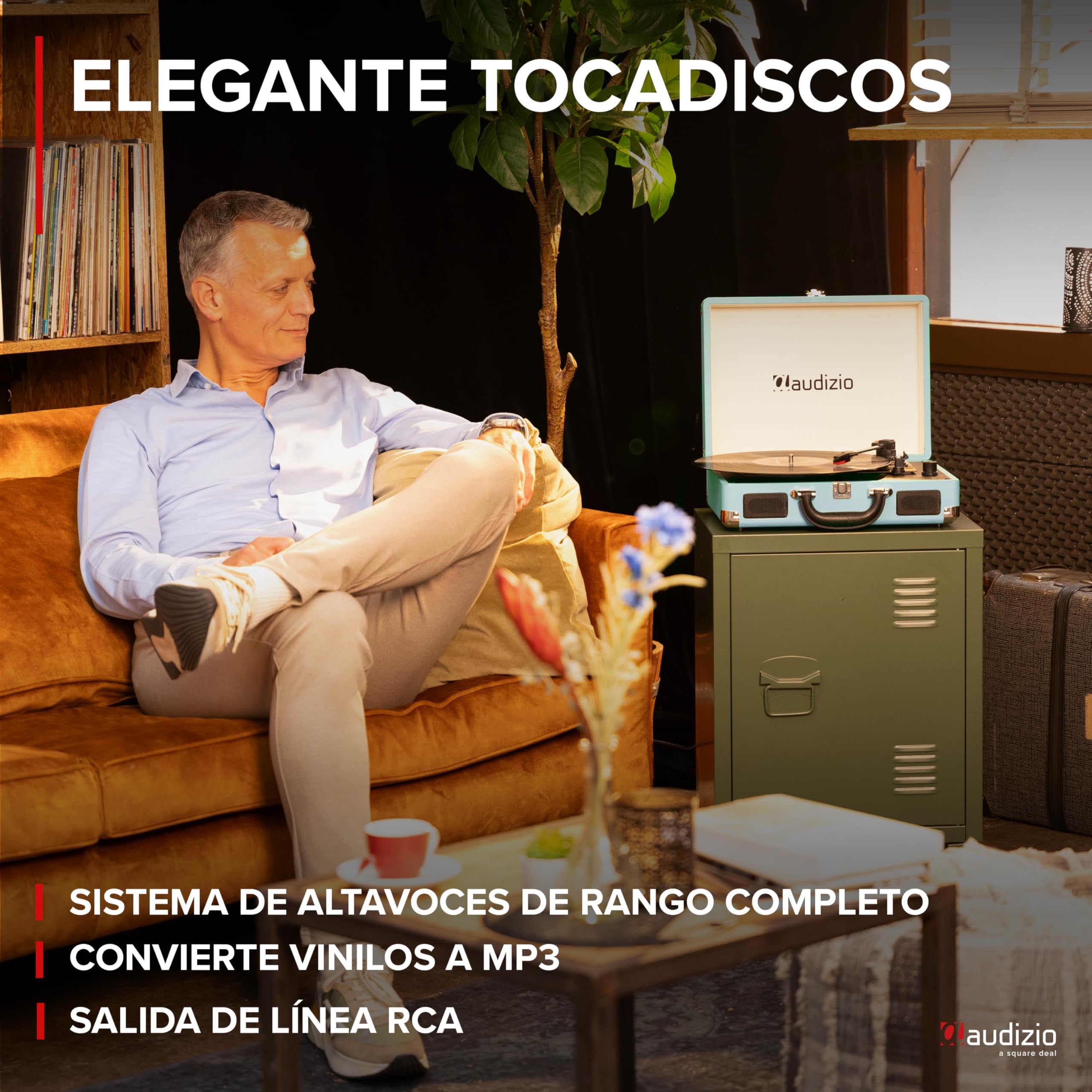 Audizio RP114BL Tocadiscos Azul con Altavoces Integrados, Adaptador de 3 Velocidades (33, 45, 78 RPM), Conexión AUX y Salida RCA – Reproductor de Vinilo Estilo Retro con Sonido Analógico Estéreo