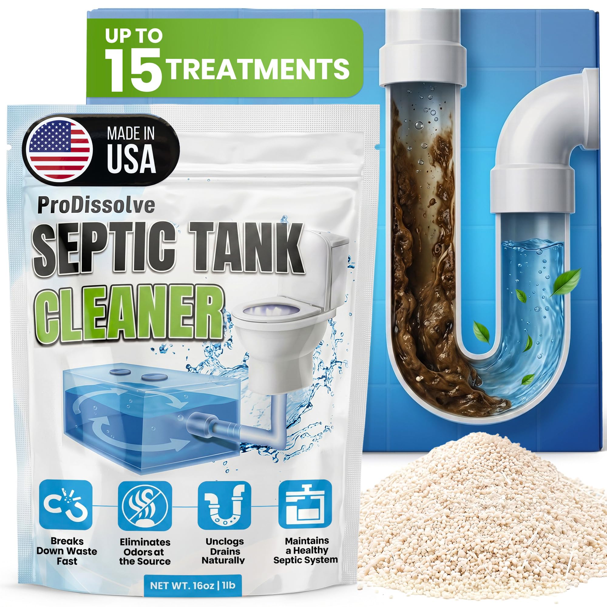 Septic Tank Treatment 1 lb, Up to 15 Treatments | 1 Year Supply – Septic Tank Cleaner with Natural Enzymes – Drainage Solutions to Digest Clogs, Odor, Sludge &amp; Grease