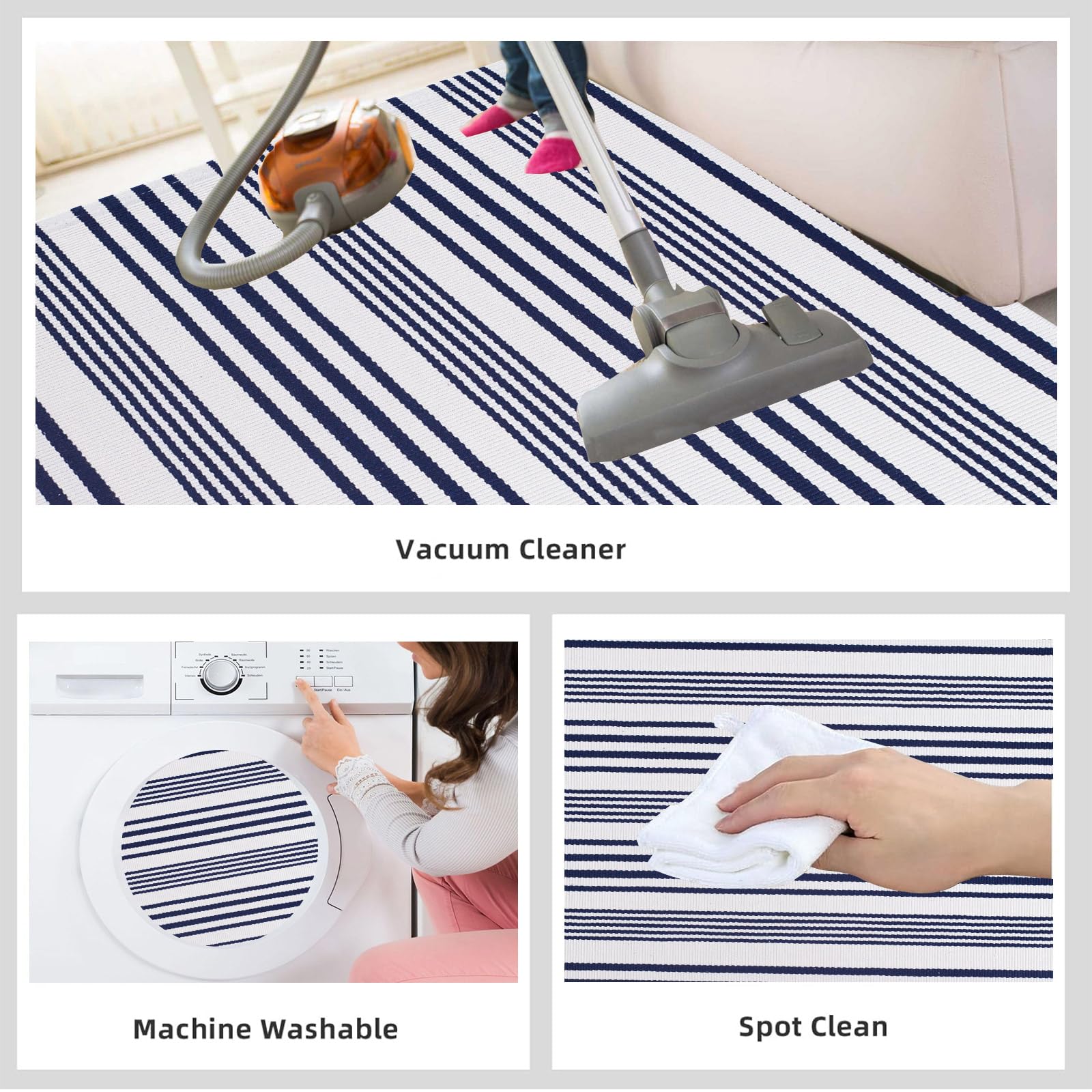 Tappeto per esterni blu e bianco, 9 x 1,5 m, in cotone intrecciato, lavabile, per portico, cortile, soggiorno