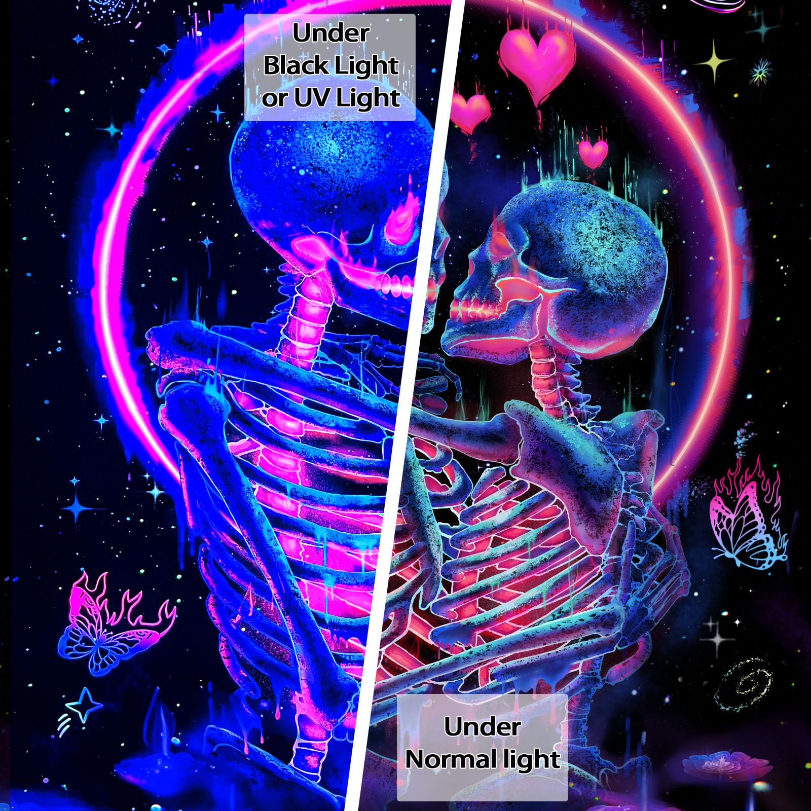 Fungarth Blacklight Skeleton Tapestry UV Skull Kissing Love Tapestries for Bedroom Aesthetic Green Flower Cute Tapestry Wall Hanging for Living Room Dorm (60” x80”): Purple 48"L x 36"W