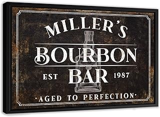 AWESOMETIK - Personalized BOURBON BAR - AGED TO PERFECTION Sign Canvas Wall Decor with Custom Family Name Vintage, Custom Vintage Bourbon Sign Decor, Hall Living Room Lounge (Dark)