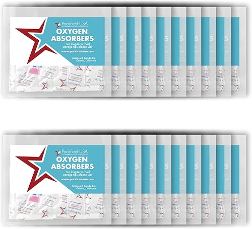 PackFreshUSA Paquetes de compartimentos absorbentes de oxígeno de 300 cc, grado alimenticio, conservación de alimentos, guía de almacenamiento de