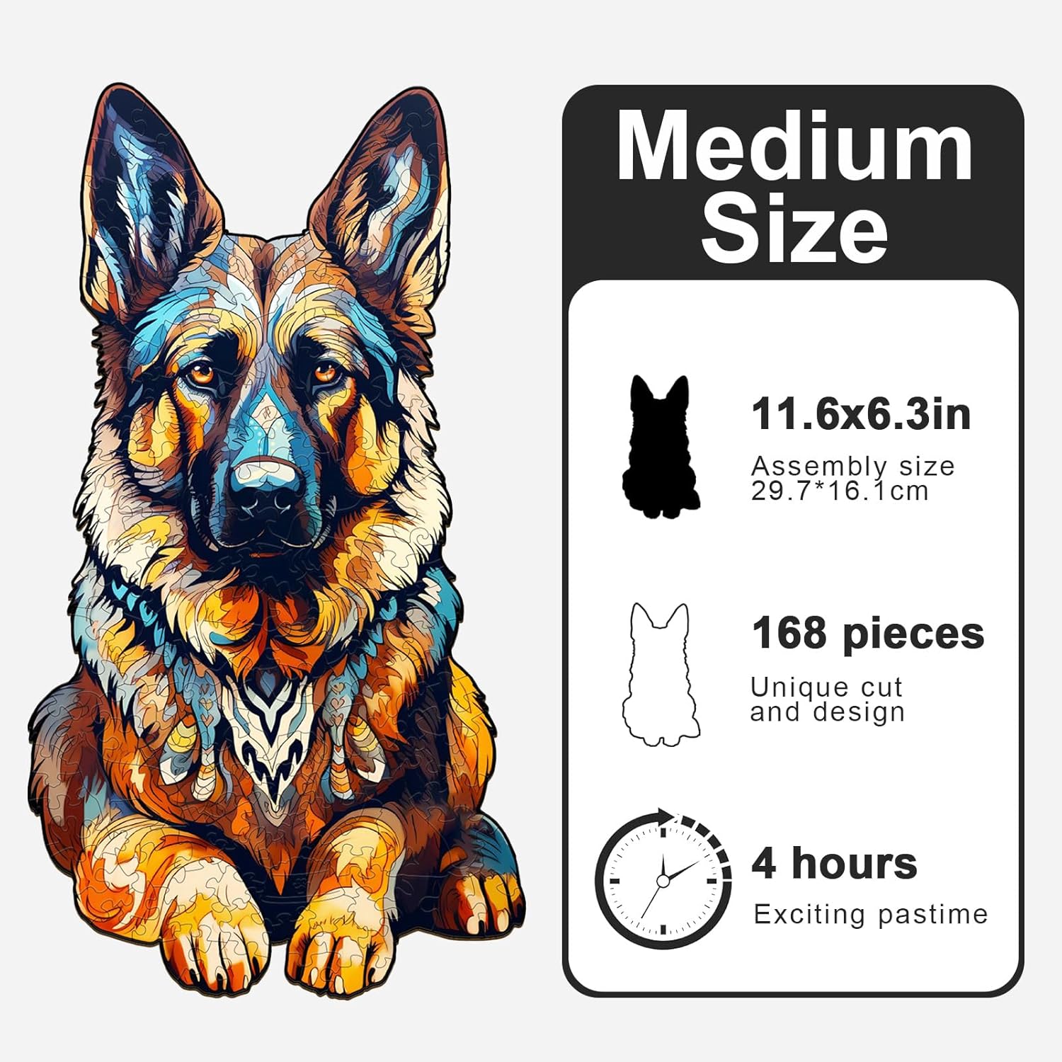 Wooden Puzzles for Adults - German Shepherd Wooden Jigsaw Puzzle - Unique Animal Shaped Wood Puzzles Adult - Christmas Birthday Gifts for Adults/Friends/Family - 168pcs 11.6 * 6.3in