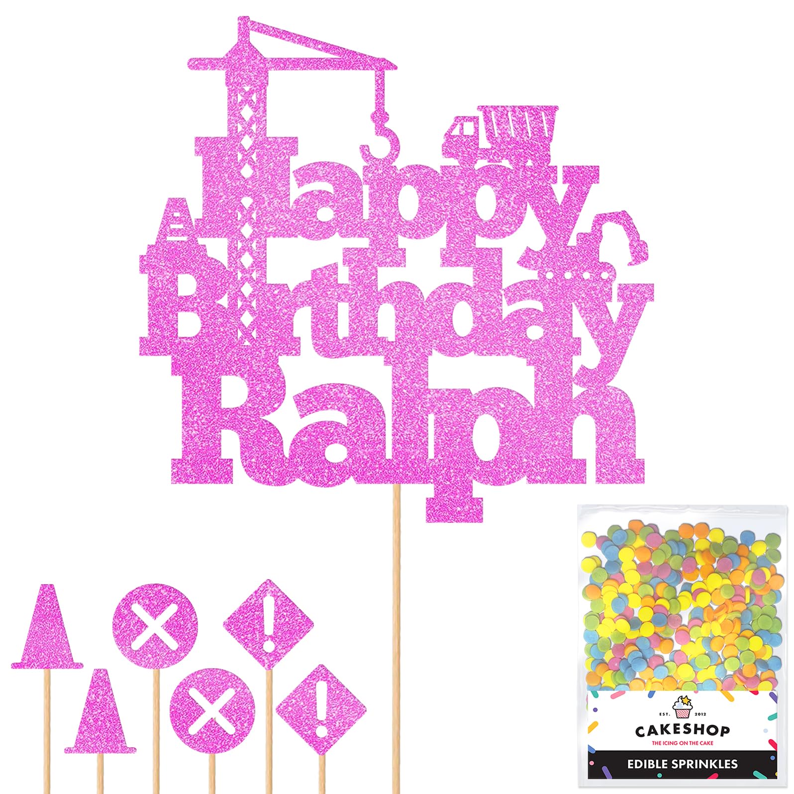 Personalised Construction Site Crane Glitter Cake Topper Lt Pink Any Custom Age & Name Glitter Cake Decoration and Sprinkles - Happy Birthday Decorations - Personalised Toppers for Cakes by Cakeshop — image 1