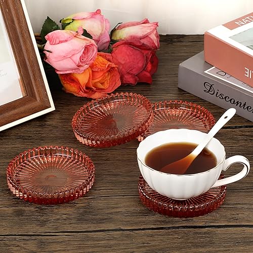 Miniatura 5 de JUXYES Paquete de 5 posavasos redondos de cristal en tono ámbar, posavasos de vidrio para bebidas, café, té, vino, posavasos decorativos para