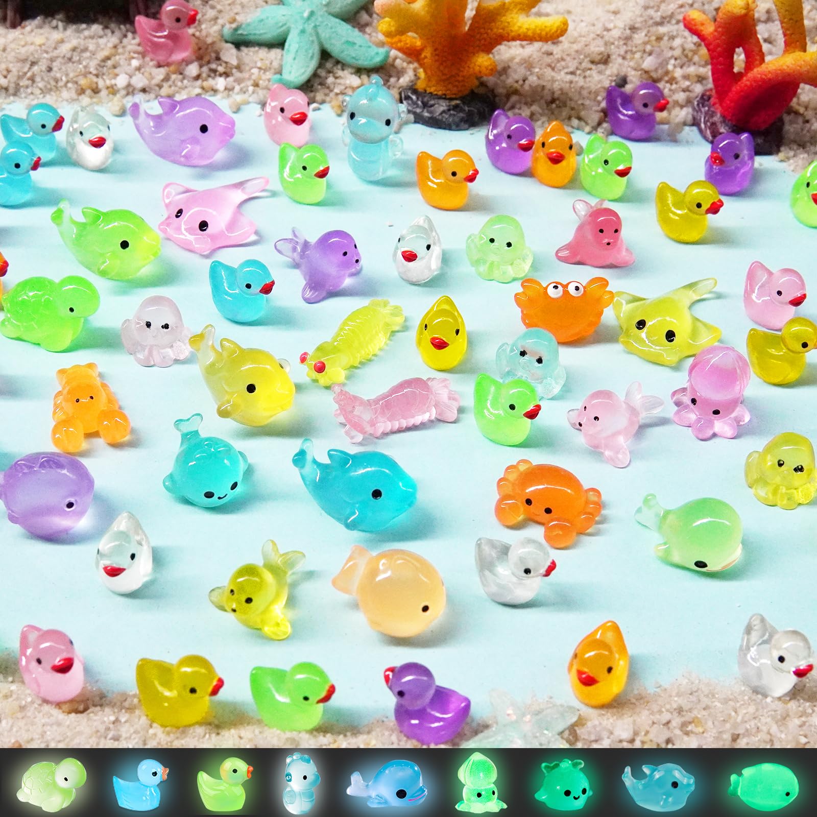 LOIKMIUP 100Pcs Luminous Mini Duck with Ocean Animals, Tiny Resin Figurines Glow in The Dark for Prank Garden Micro Landsc...