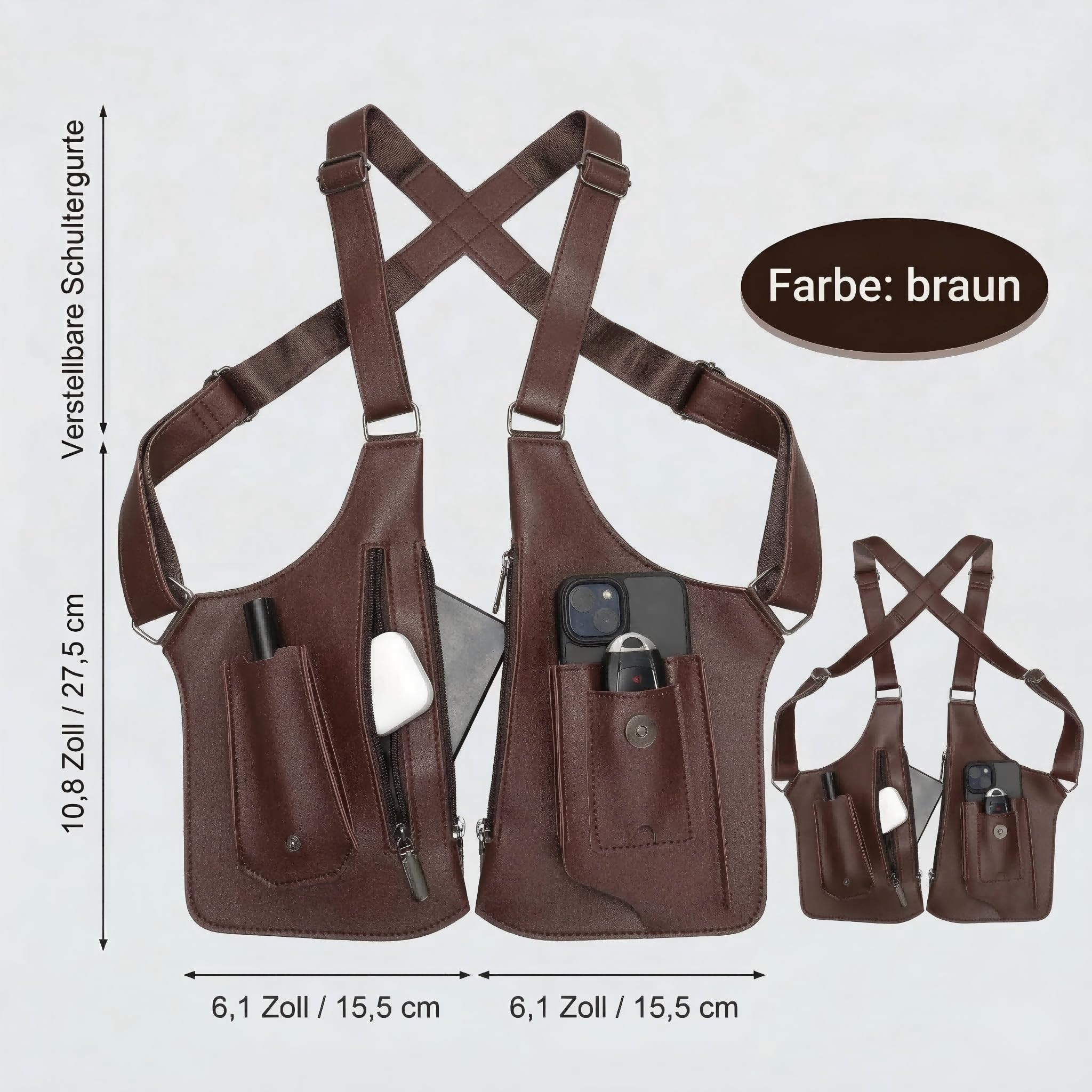 Bolso de hombro y antebrazo para hombre de piel antirrobo, diseño con varios bolsillos y correas de hombro ajustables ocultas