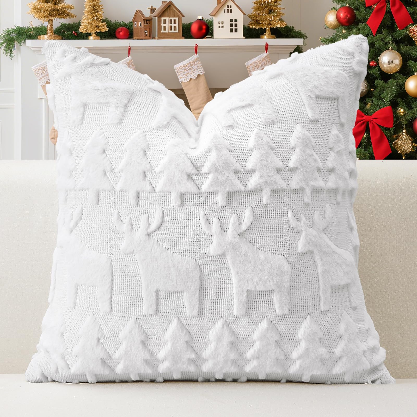 Artscope Set of 1 Xmas Soft Plush Short Wool Velvet Decorative Cushion Covers 55x55cm Square Luxury Style Throw Pillow Covers Pillow Shell for Sofa Bedroom Christmas Tree and Elk White — image 1