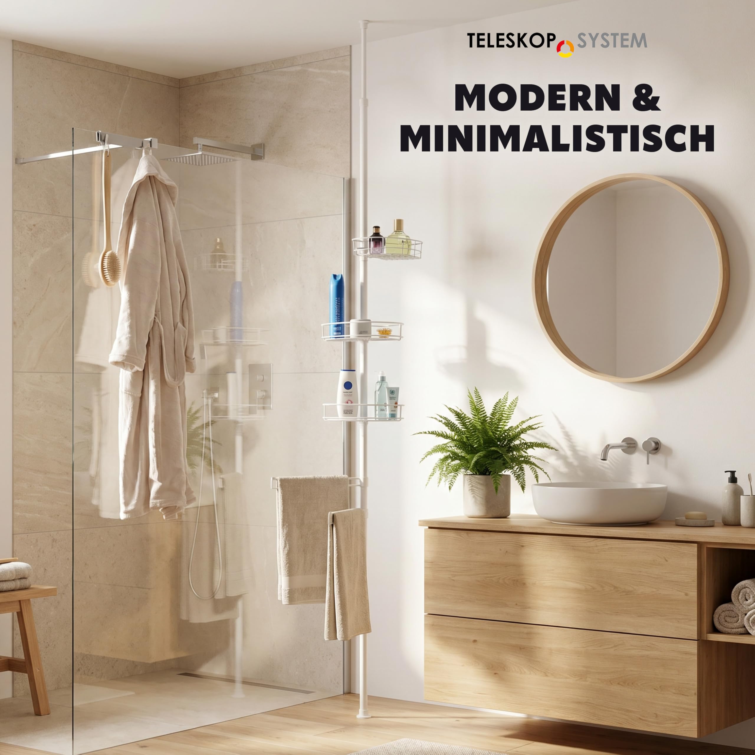 bremermann Teleskop-Badregal mit 3 Körben und 2 Haltern für Handtücher, ideal für Shampoo, Kosmetikartikel, Badutensilien uvm., höhenverstellbar bis max. 290 cm, aus Metall in Weiß