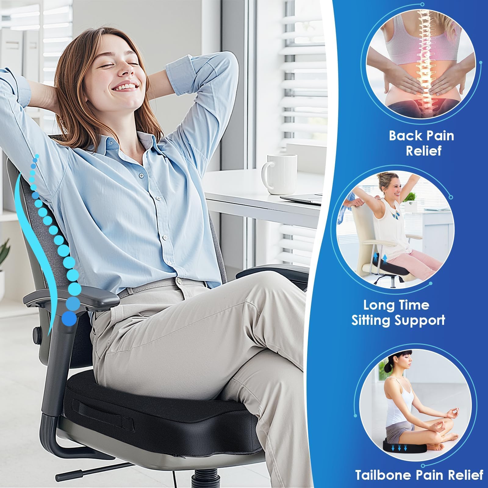 TushGuard Cojín de Asiento para Silla de Oficina, Espuma viscoelástica, Antideslizante, para Silla de Escritorio, coxis, ciática, Alivio del Dolor de coxis para Silla de Oficina, Coche, Silla de