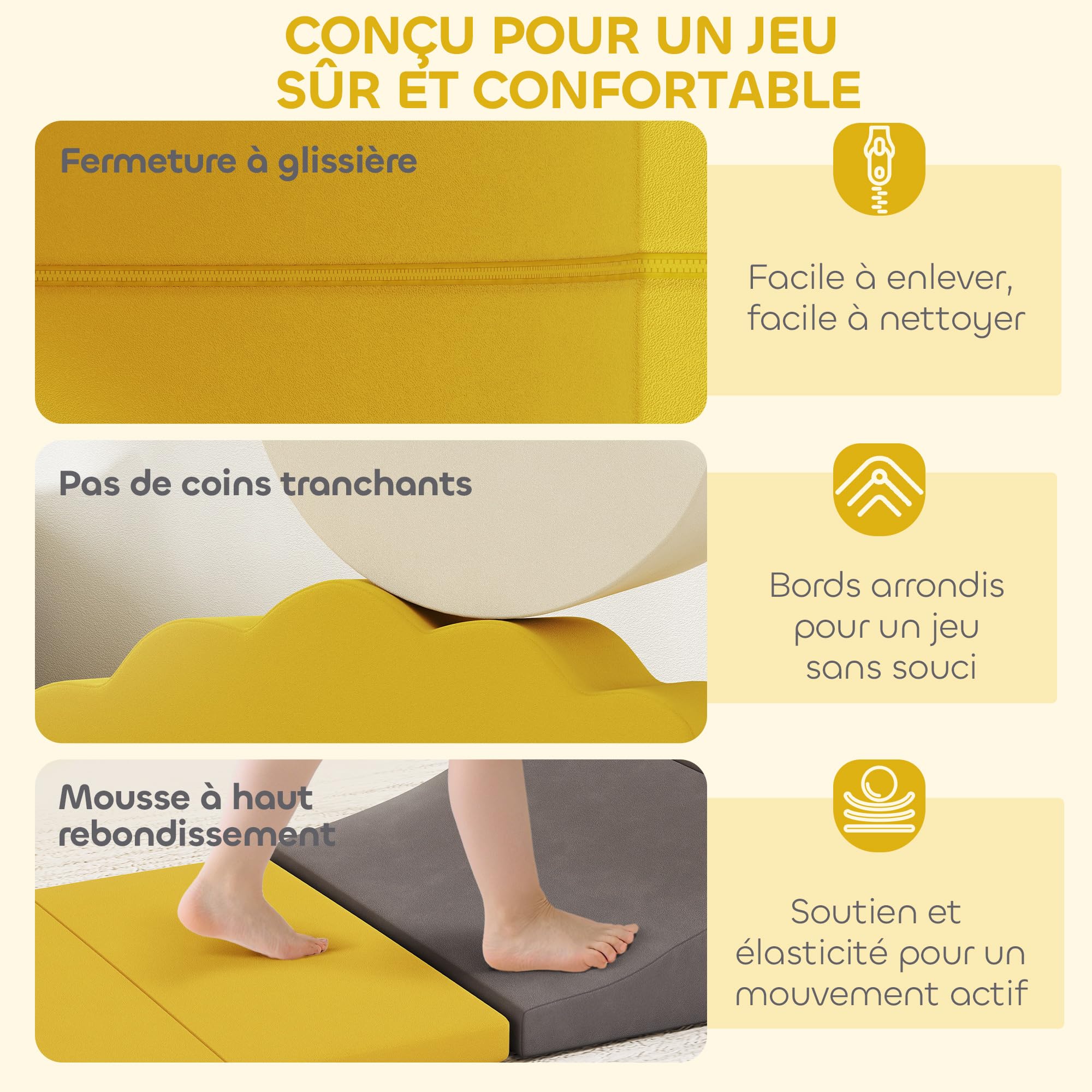 AIYAPLAY Parcours motricité bébé modulable, Blocs Mousse éducatifs, 7 pièces avec Housse Lavable en Velours, Base antidérapante, Jeu de motricité intérieure pour Enfants 6 Mois à 3 Ans, Jaune