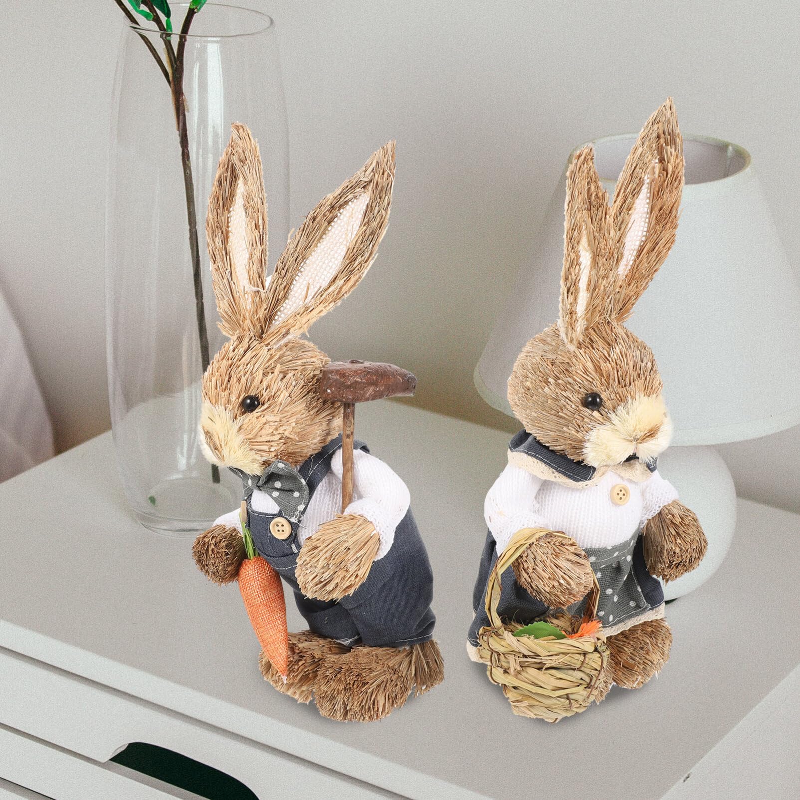 Alipis 2 Handgewebte Hasenfiguren aus Stroh mit Baumwolltuch