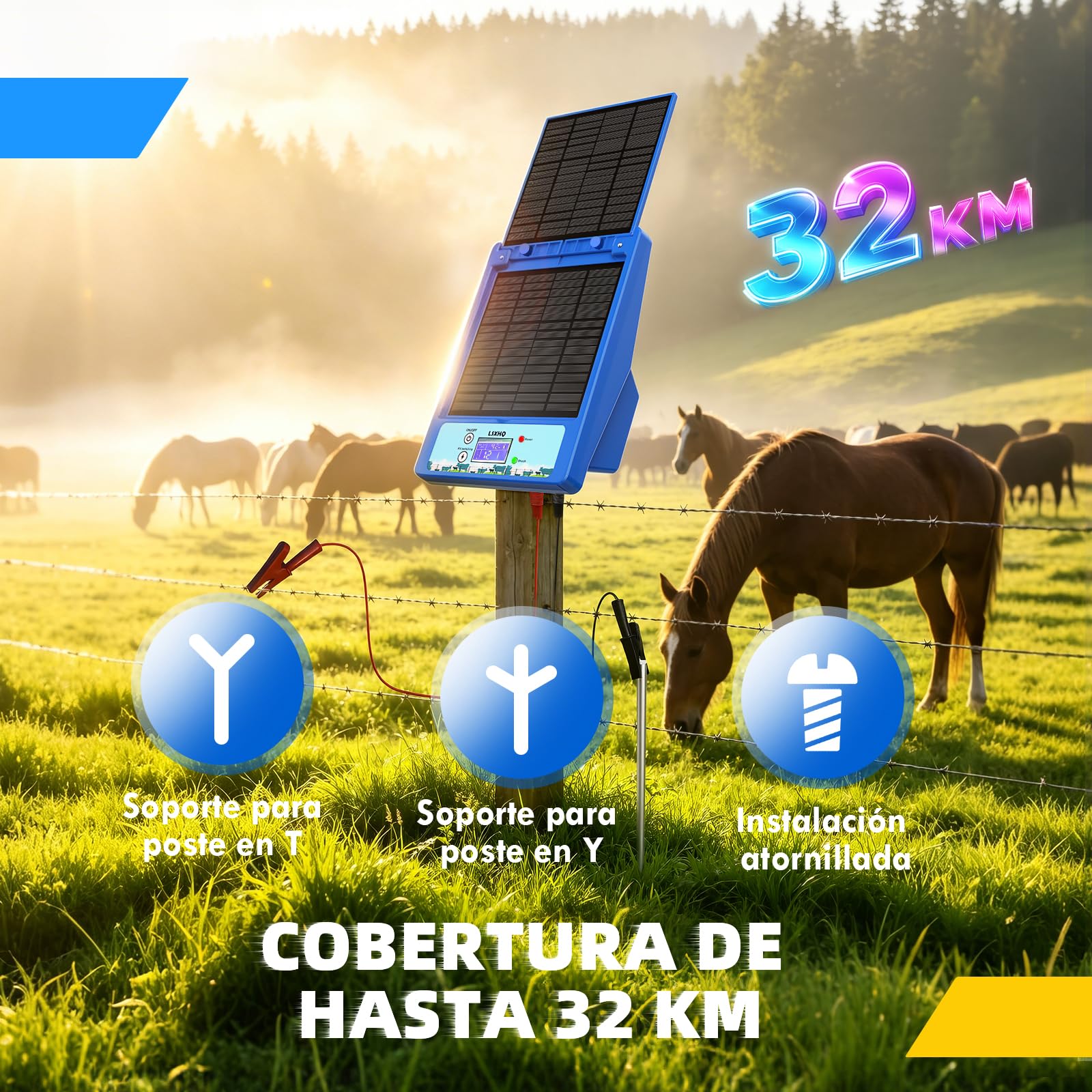 Cercado Eléctrico Solar 12V 32KM, 0.3-2J, 6KV-12KV Ajustable, Cerca Eléctrica con Batería de Litio 18Ah & Kit de Puesta a Tierra, Panel Solar 10W, Protección Confiable para Aves de Corral(Azul)