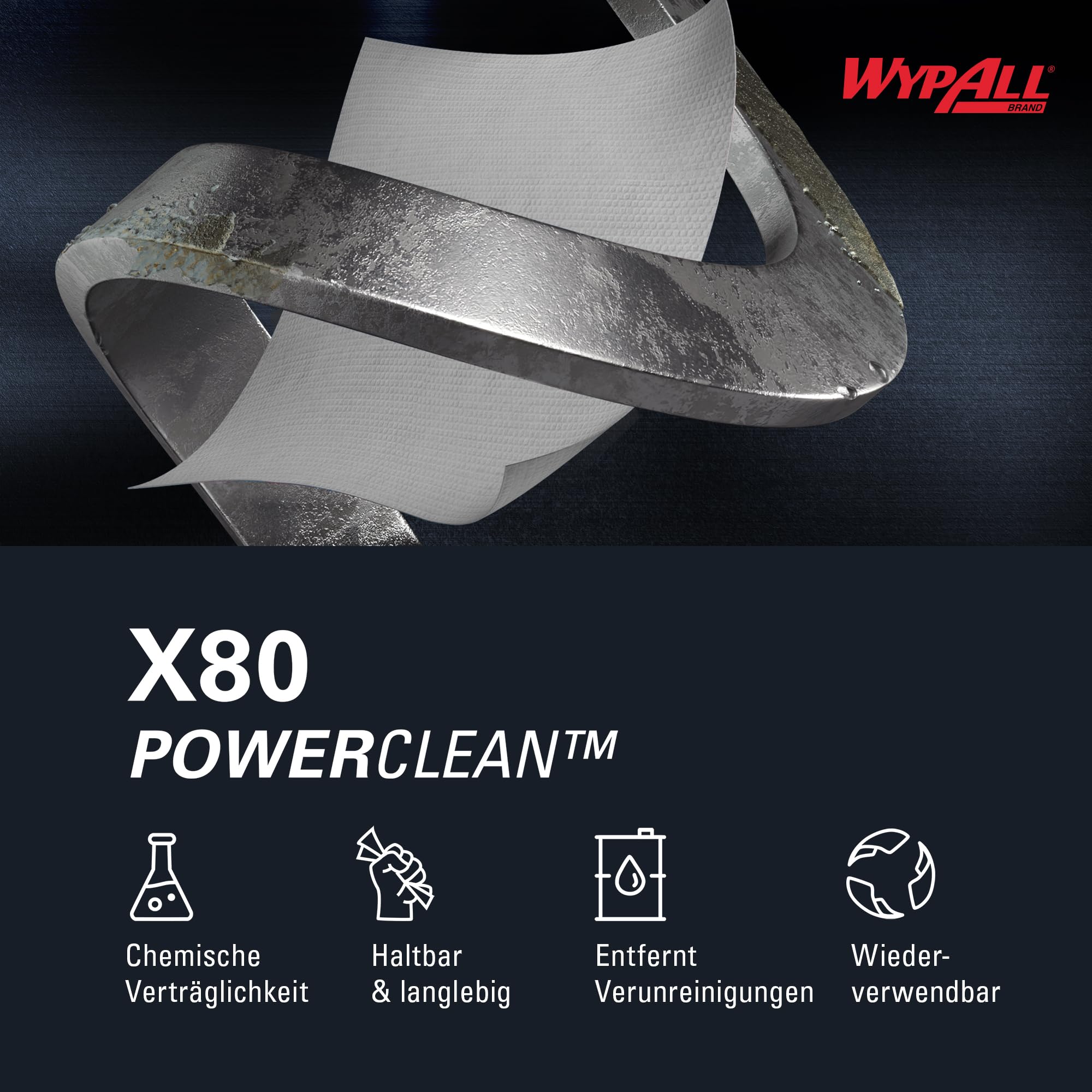 WypAll X80 Power Clean Tücher, 1-lagige, industrielle Reinigungstücher mit Hydroknit-Technologie, wiederverwendbar, auf rauen Oberflächen geeignet, 1 Großrolle x 455 Wischtücher, Artikel-Nr. 8377