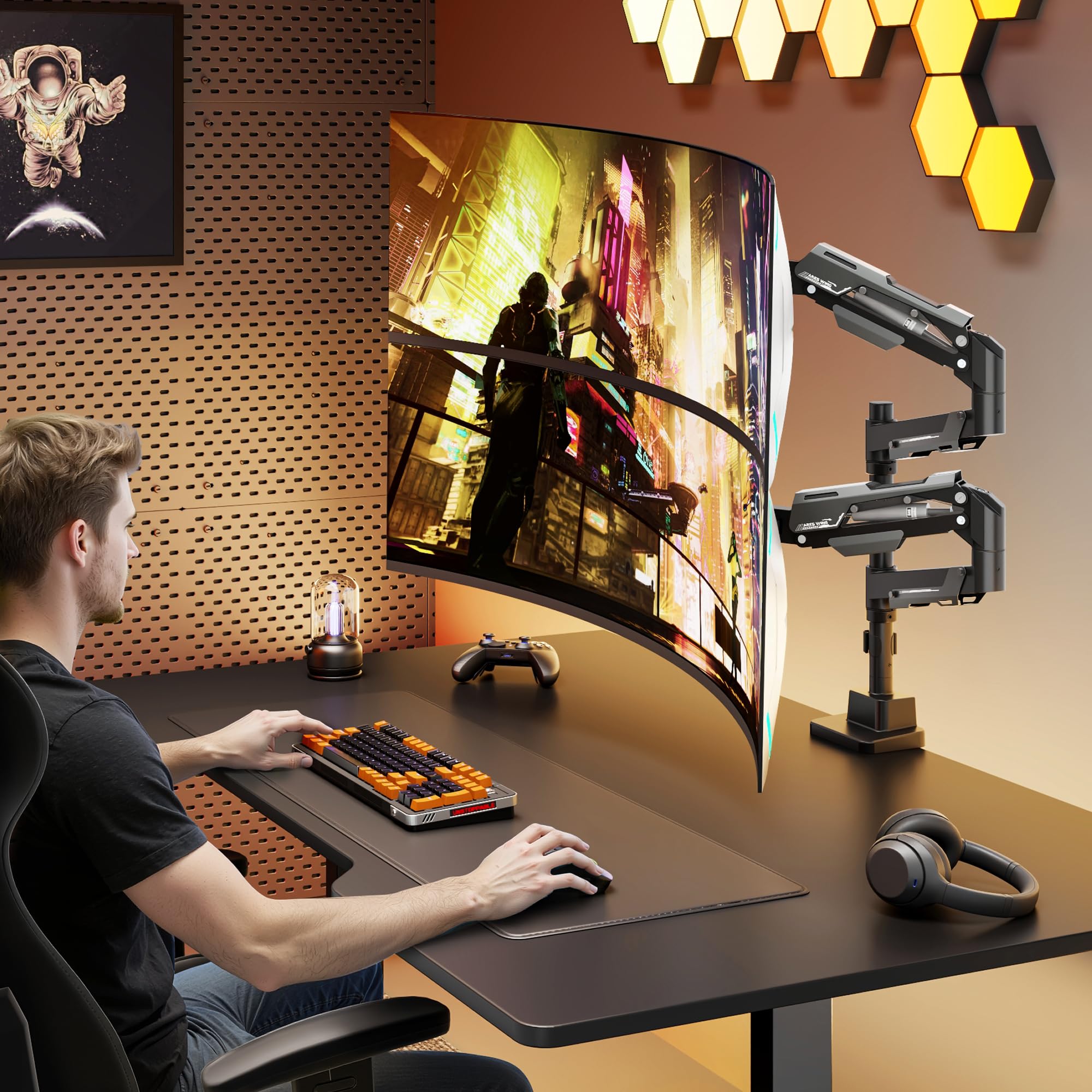 ARES WING Monitor Halterung 2 Monitore mit Stange, Schwarz | übereinander für 24-57 Zoll Bildschirme, bis zu 27/22 kg, Bildschirmhalterung 2 Monitore Höhenverstellbar, VESA 75/100/200
