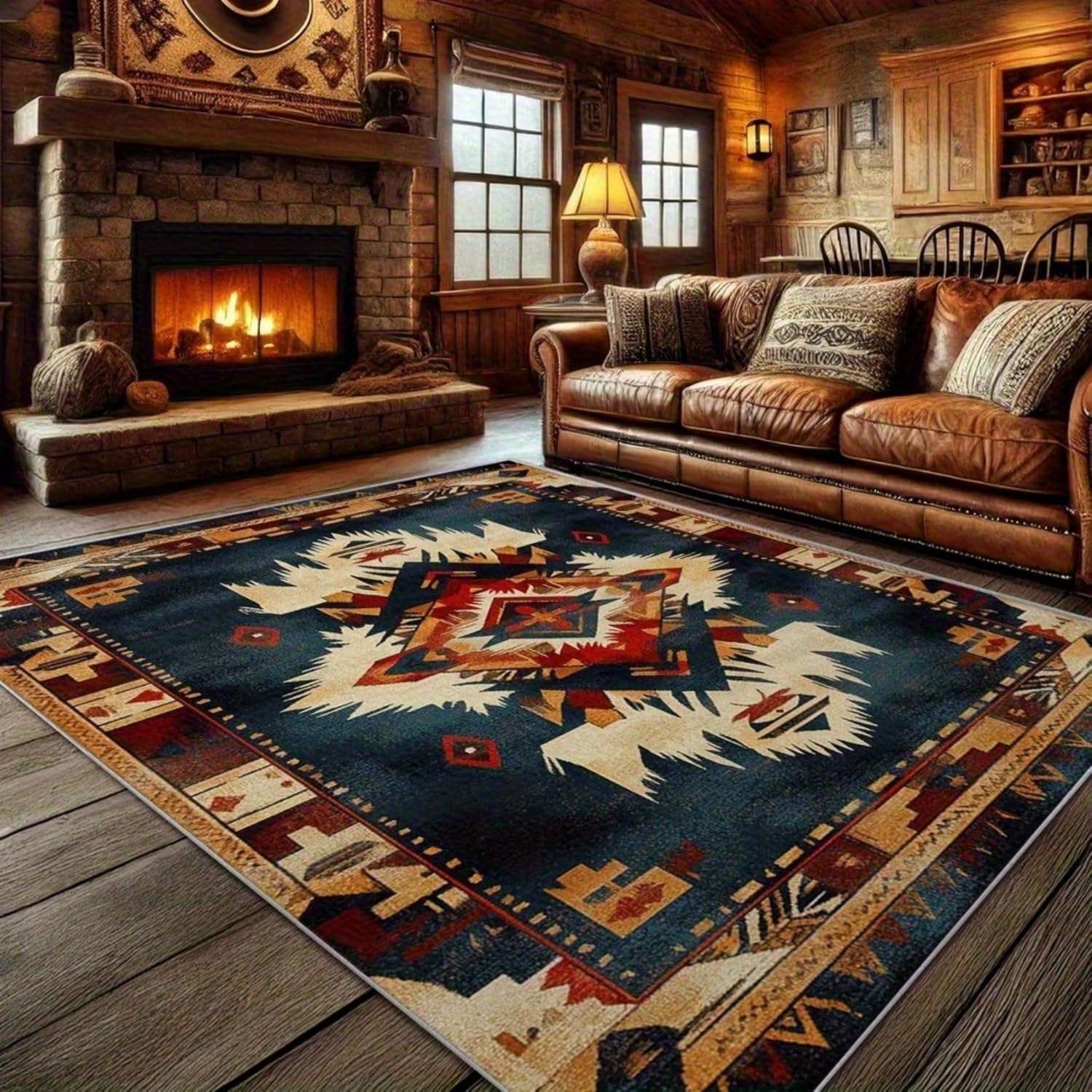 RICAUOU Vintage Southwestern Area Rug for Living Room, 160x230cm Traditional Native American Indian Style Tribal Area Rugs, Cosy Washable Carpet for Cabin, Bedroom, Lounge Decor, Dark Blue