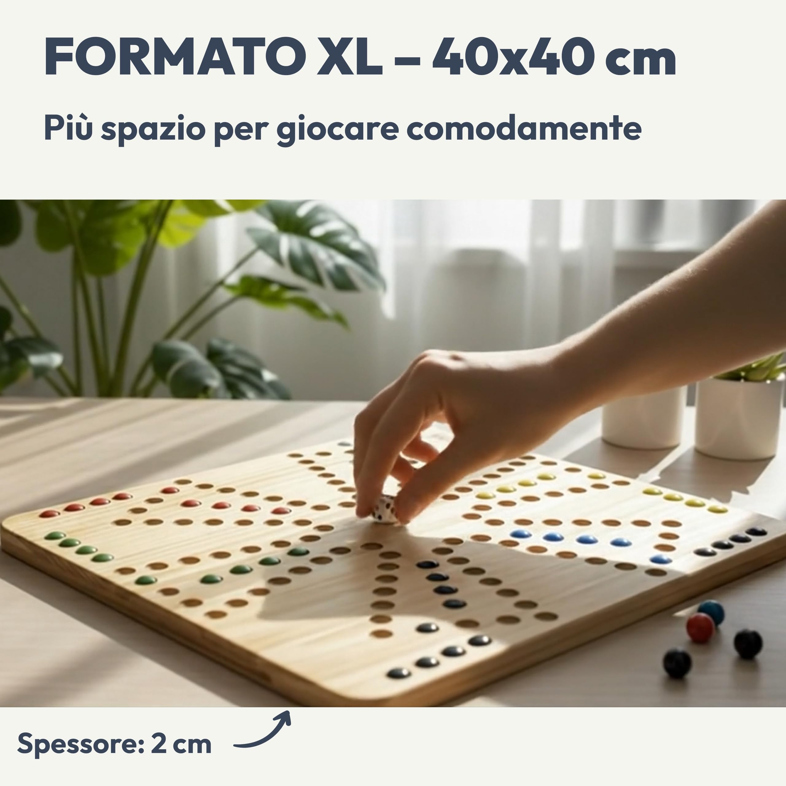 Gioco di Ludo XL 4–6 Giocatori – Tabellone Reversibile 40x40 cm in Legno Massello – Compatibile con Tock e Jackaroo – Con Carte o Dadi – Include Biglie in Vetro