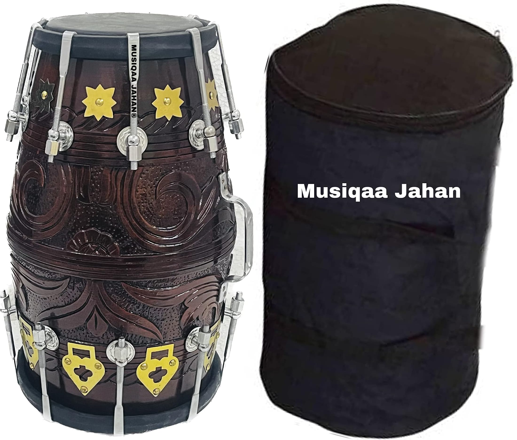 092 DESIGN DHOLAK DRUM~HAND MADE INDIAN~SHESHAM WOOD & SPECIAL BLACK SKIN WITH BAG (only Black Lover)