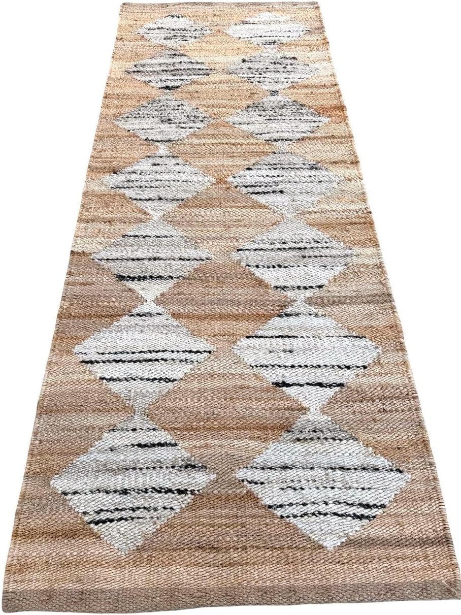 Handmade Hemp Jute Stair Runner Diamond Tribal Design Boho Hallway Use (2.6 x 30)
