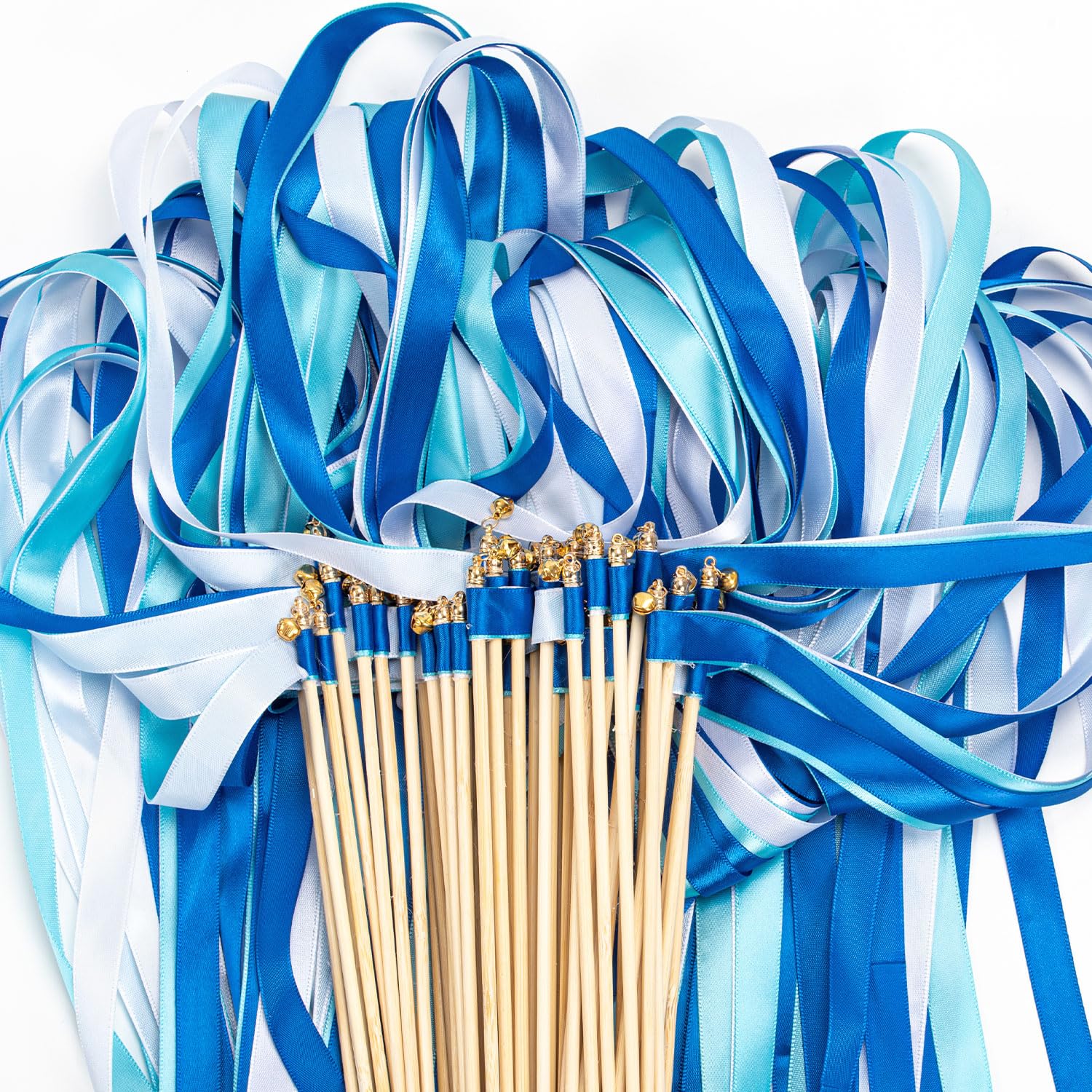 Lote de 50 palillos de boda, palillos de boda, planos de mesa, pancartas de boda con grandes campanas y cintas de boda, varillas mágicas, de hada de seda para bodas (azul)