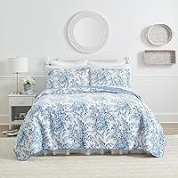Laura Ashley Bedford Delft Blue Queen Quilt Set - Reversible 100% Cotton Bedding with Shams, Breathable All-Season Decor