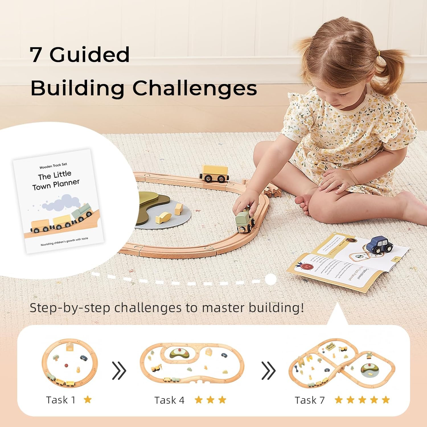 OOOK Multi-Scenario Wooden Train Set,All Wood Accessories Train Set for Toddlers 3 Years Old, Multi-Scenario Train Toy for 3 4 5 Years Old Girls & Boys - Image 4