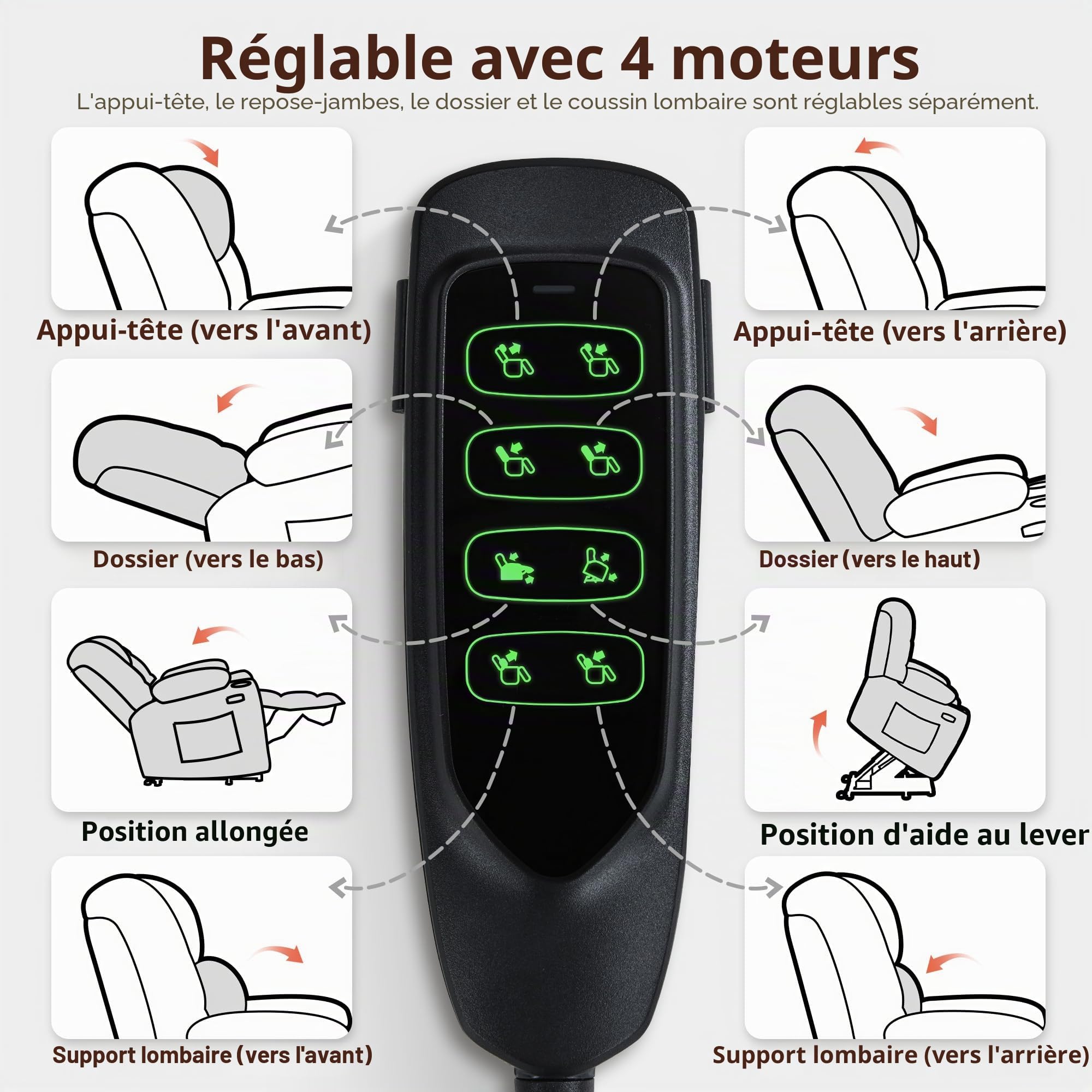 M MCombo Fauteuil TV 4 Moteurs avec Aide à la montée, électrique, Lombaire et Appui-tête réglables, zéro gravité 165°, Massage et Chauffage 7558 (Microfibre, Beige-Brun)